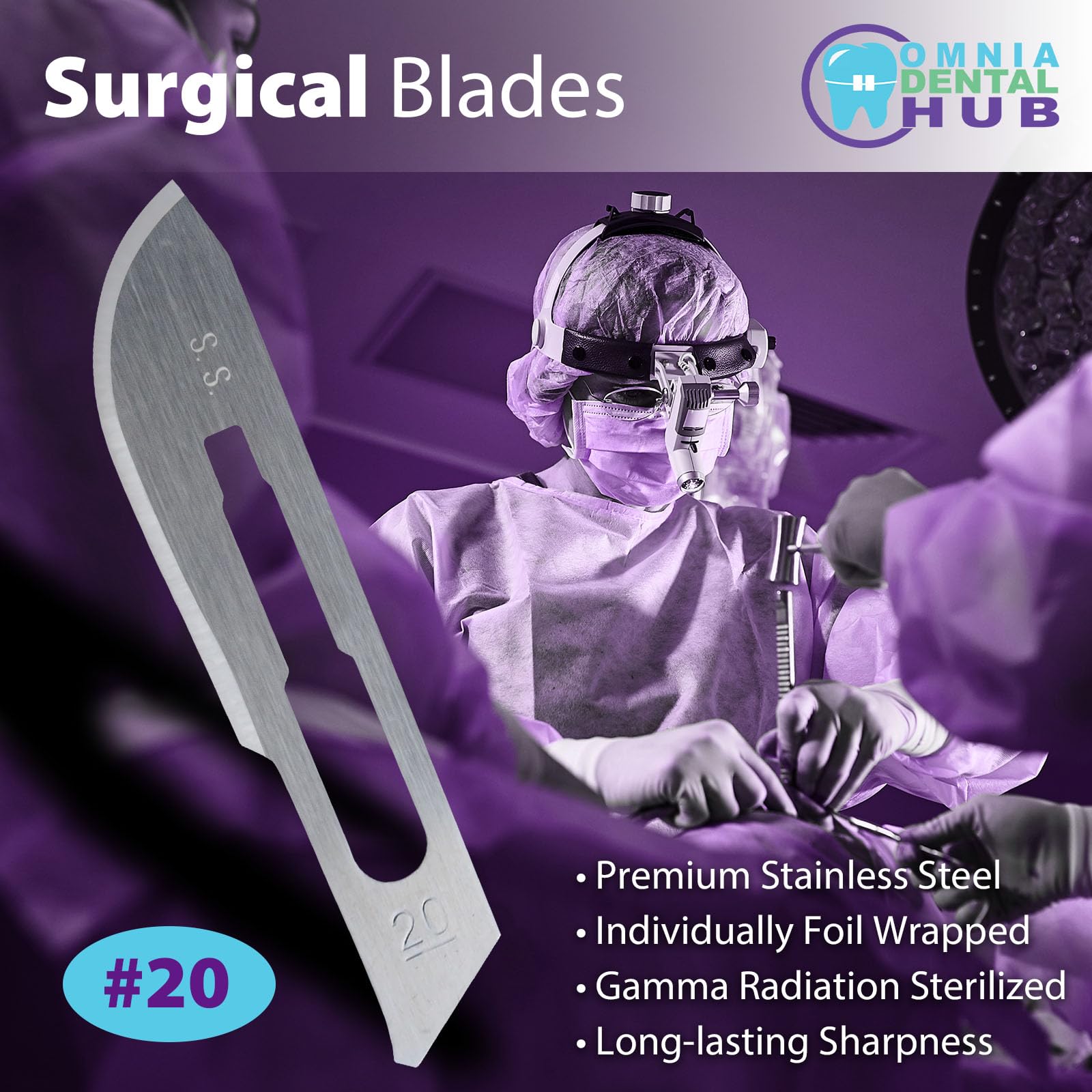 200PCs Dental Grade #20 Stainless Steel Sterile Surgical Blades by Omnia ONE | Individually Wrapped High-Quality Surgical Blades for Dermatology, Cosmetic Procedures & Medical Use | Precision Cutting Tools for Professionals