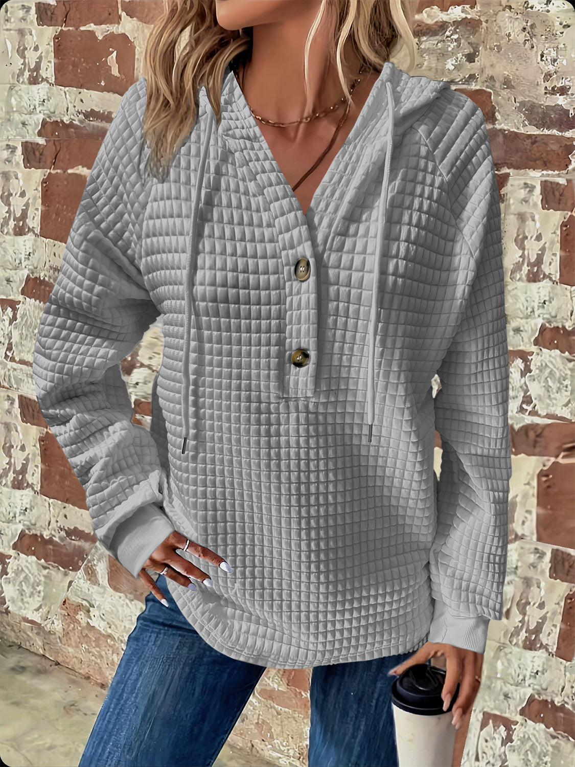 Full Size Textured Button Detail Drawstring Long Sleeve Hoodie for Men & Women - Cozy Casual Wear for Fall Winter Outdoor Activities