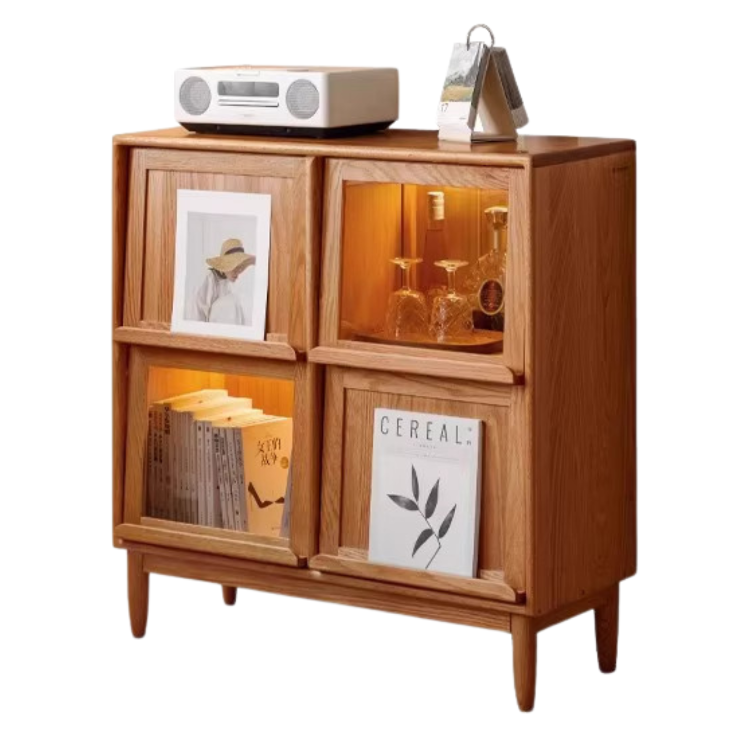 Solid Oak & Cherry Wood 4-Door Bookcase with Built-in Lighting - Modern Bookshelf for Living Room, Office, or Library - Perfect for Storing Books, Magazines, and Decorative Items