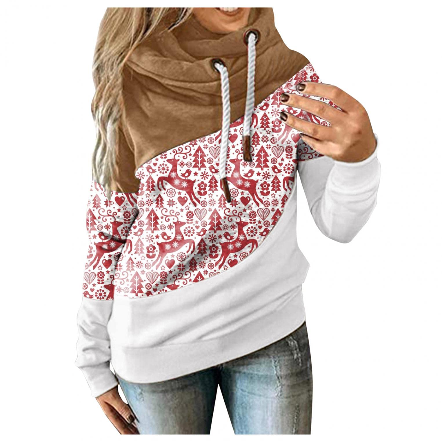 Women's Color Block Cowl Neck Hoodie - Long Sleeve Drawstring Pullover Sweatshirt | Casual Loungewear, Workout & Streetwear Fashion