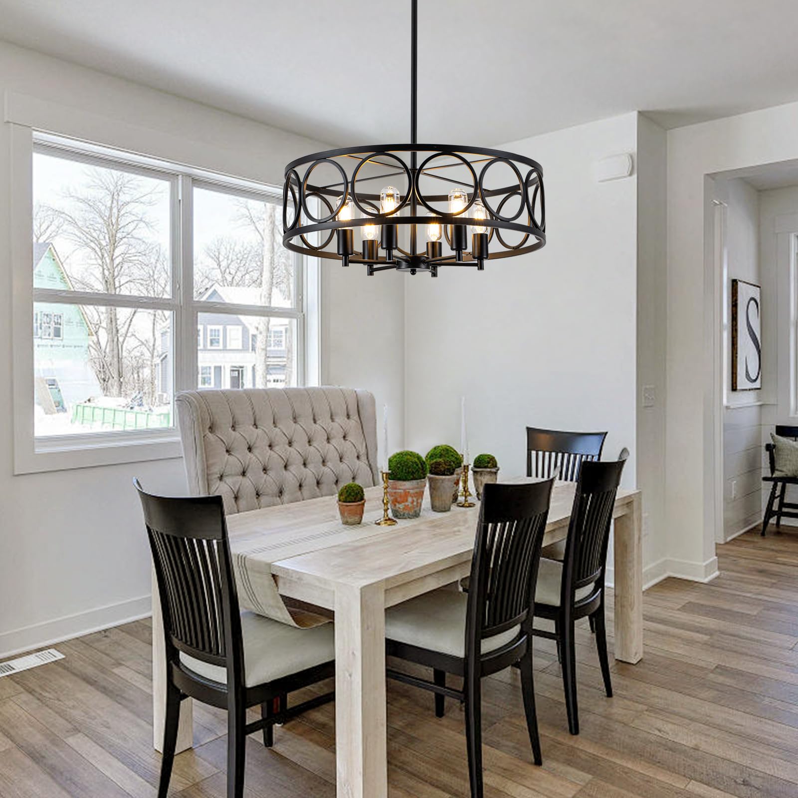 Black Farmhouse Chandelier - 6-Light Rustic Drum Dining Room Pendant Light - 23.6