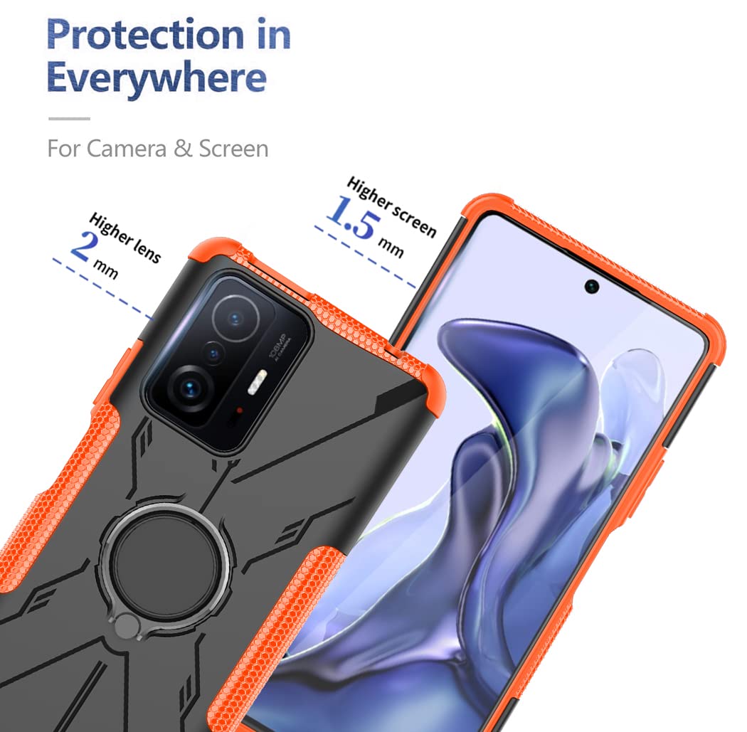 Shockproof Phone Case for Xiaomi Mi 11T 5G/Mi 11T Pro 5G (21081111RG) with Tempered Glass Screen Protector & Metal Ring Holder Kickstand - Durable Protective Cover (Orange) - Perfect for Daily Use, Travel, and Outdoor Activities