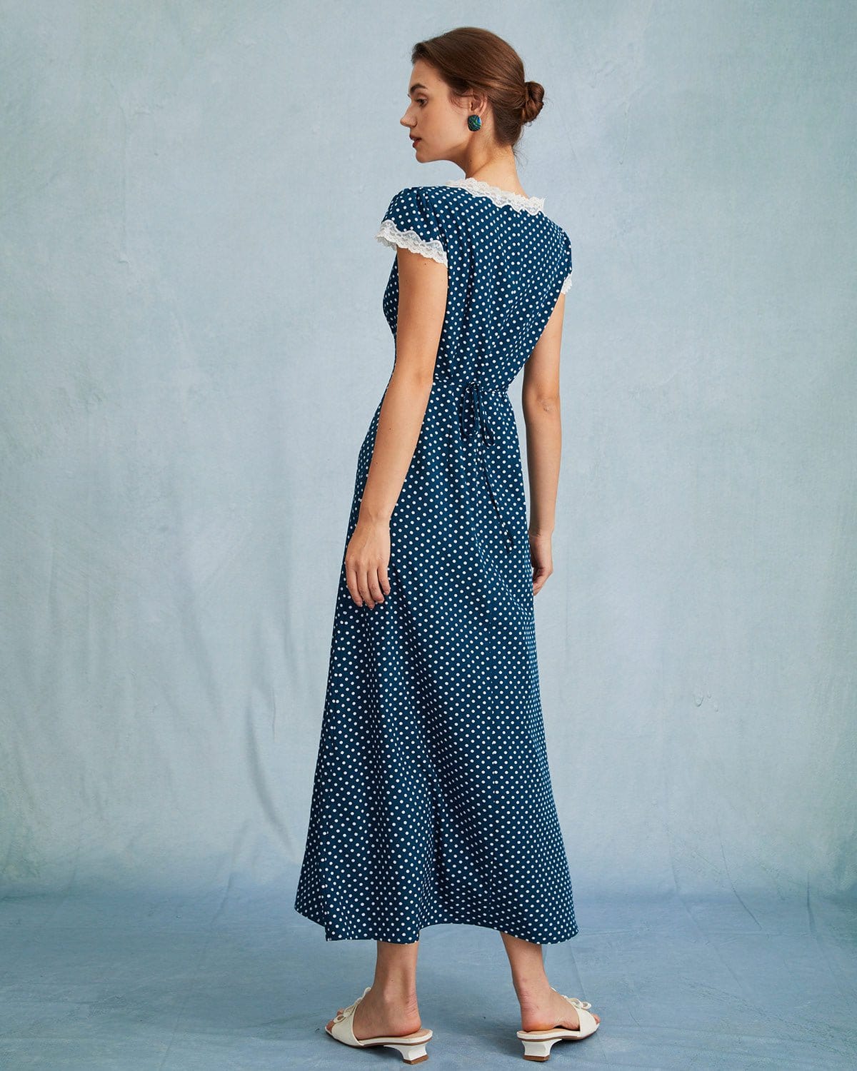 Navy Blue V-Neck Polka Dot Lace Ruched Maxi Dress for Women - Elegant Long Formal Dress for Wedding, Party & Special Occasions