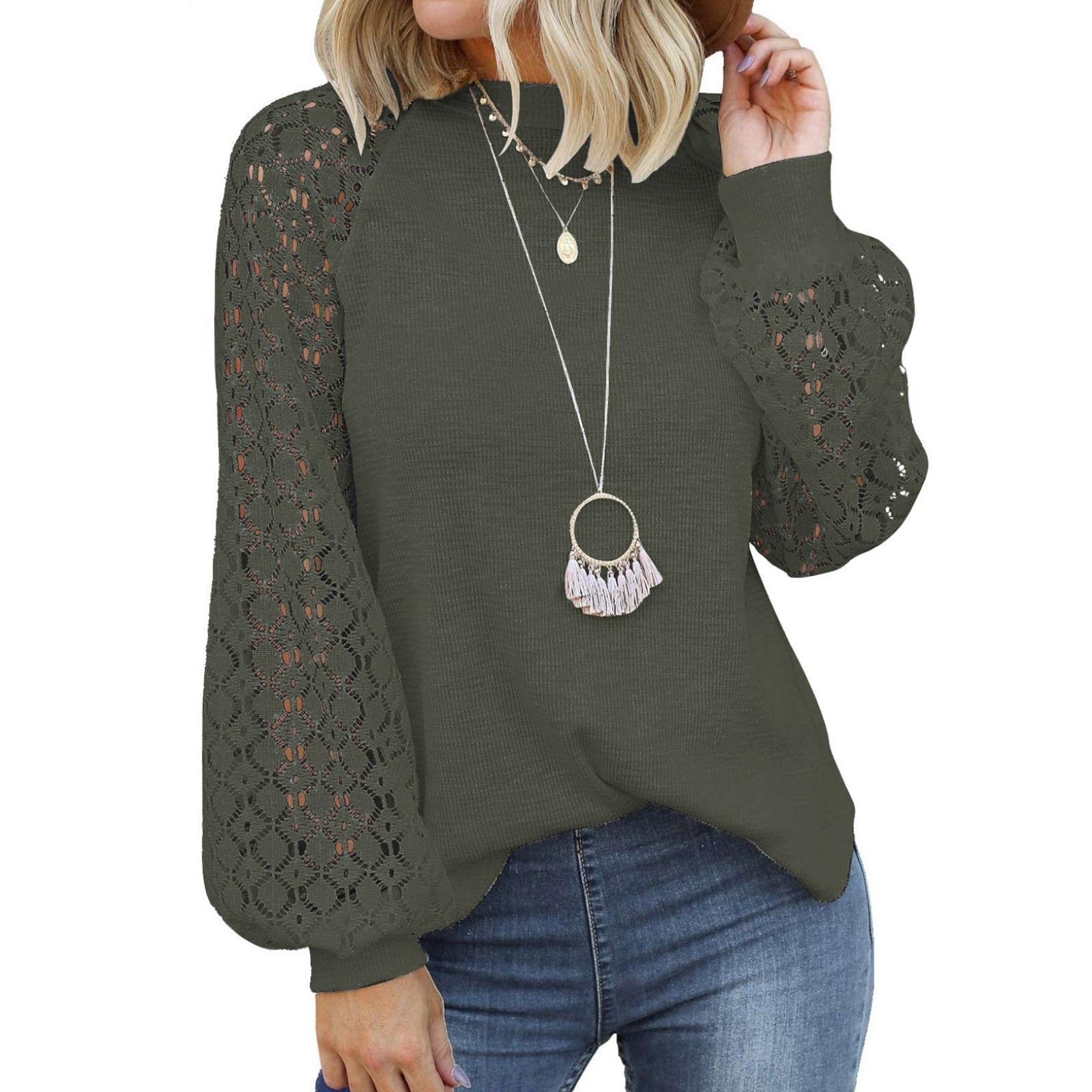 Women's Lace Long Sleeve T-Shirt - Fall Casual Loose Blouse Top for Everyday Wear & Office Outfits | Comfortable & Stylish