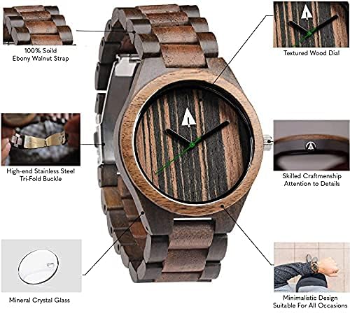 Treehut Men's Wooden Watch - Walnut & Ebony Wood Strap, Quartz Analog with Miyota Movement, Stainless Steel Back - Perfect for Casual Wear, Outdoor Activities & Unique Gifts
