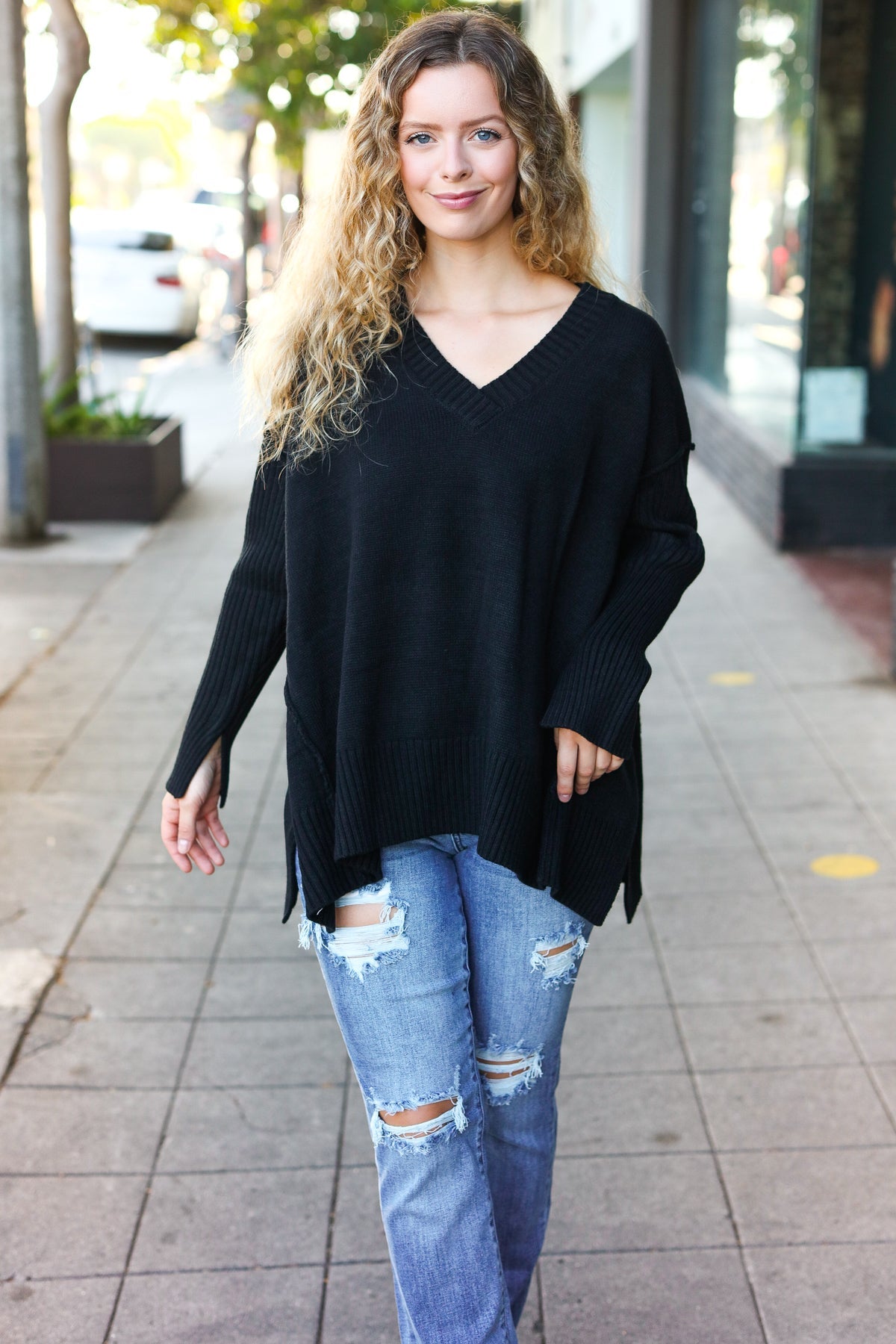 Stylish Black Oversized V-Neck Ribbed Knit Sweater for Women - Cozy & Trendy Fall Winter Pullover for Casual Outings & Layering