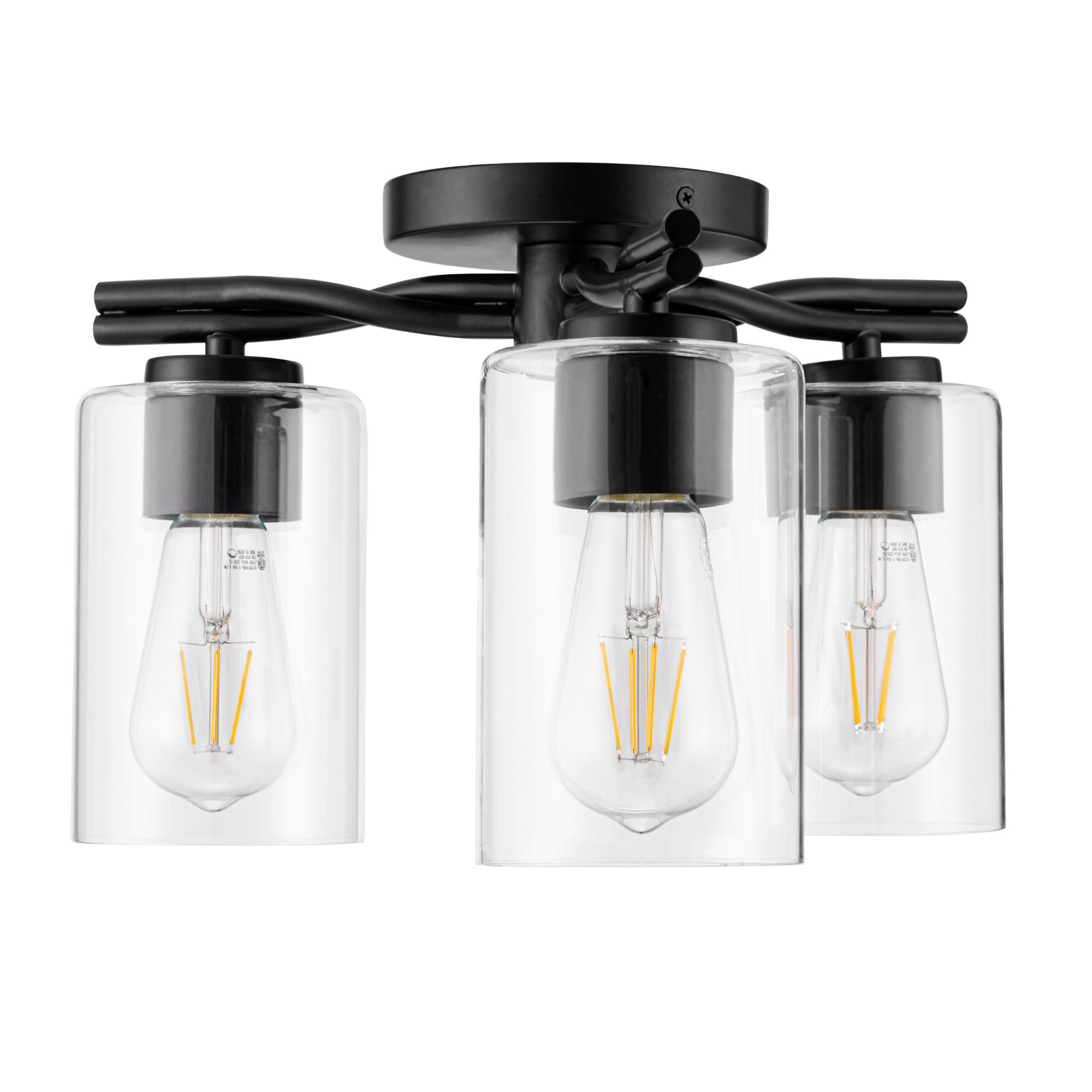 3-Light Semi Flush Mount Ceiling Light Fixture - Matte Black with Clear Glass Shades - Perfect for Bedroom, Living Room, Kitchen, and Hallway Lighting