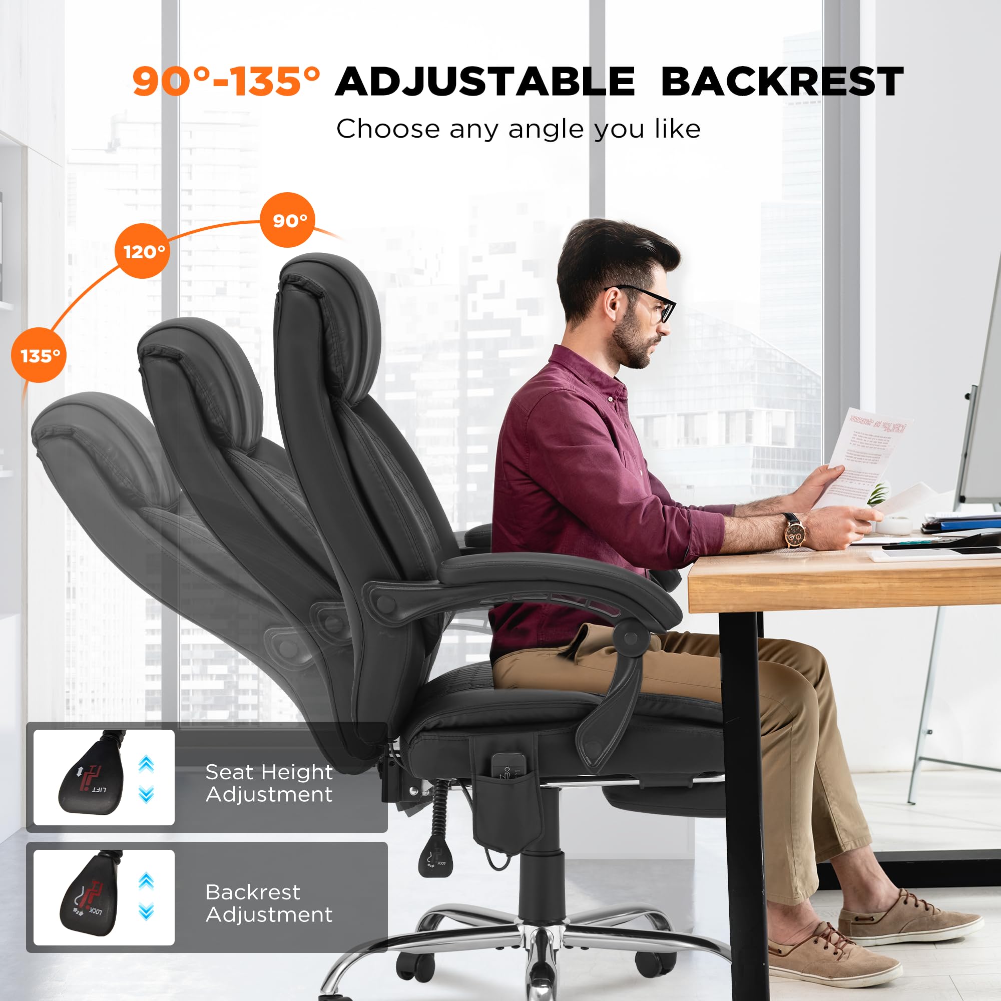 HOMREST Ergonomic Reclining Office Chair with 4-Point Massage & Heat - Adjustable Executive Chair with Retractable Footrest - Comfortable Home Computer Desk Chair for Working, Gaming & Relaxing - Black