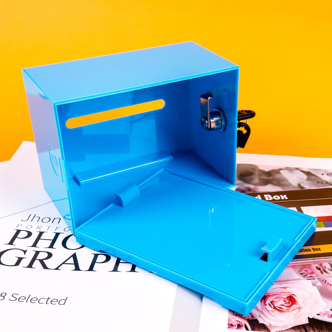 Acrylic Suggestion Box with Lock & Sign Holder - Secure Donation Box, Tip Jar, Ballot Box for Votes, Surveys, Raffles, Elections (6.2x4.7x4 Inch, Blue) - Perfect for Restaurants, Retail Stores & Community Events