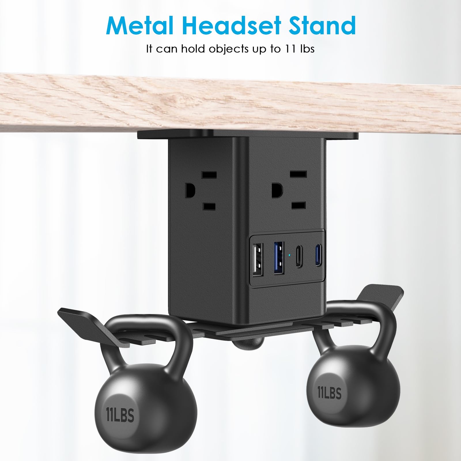 JUNNUJ Under Desk Headset Stand with 20W USB C Charger & 3 Outlet Power Strip - Headphone Hook, Surge Protector, PC Game Hanger Holder & Cable Organizer (6FT) - Perfect for Gaming Setup, Home Office & Workspace Organization