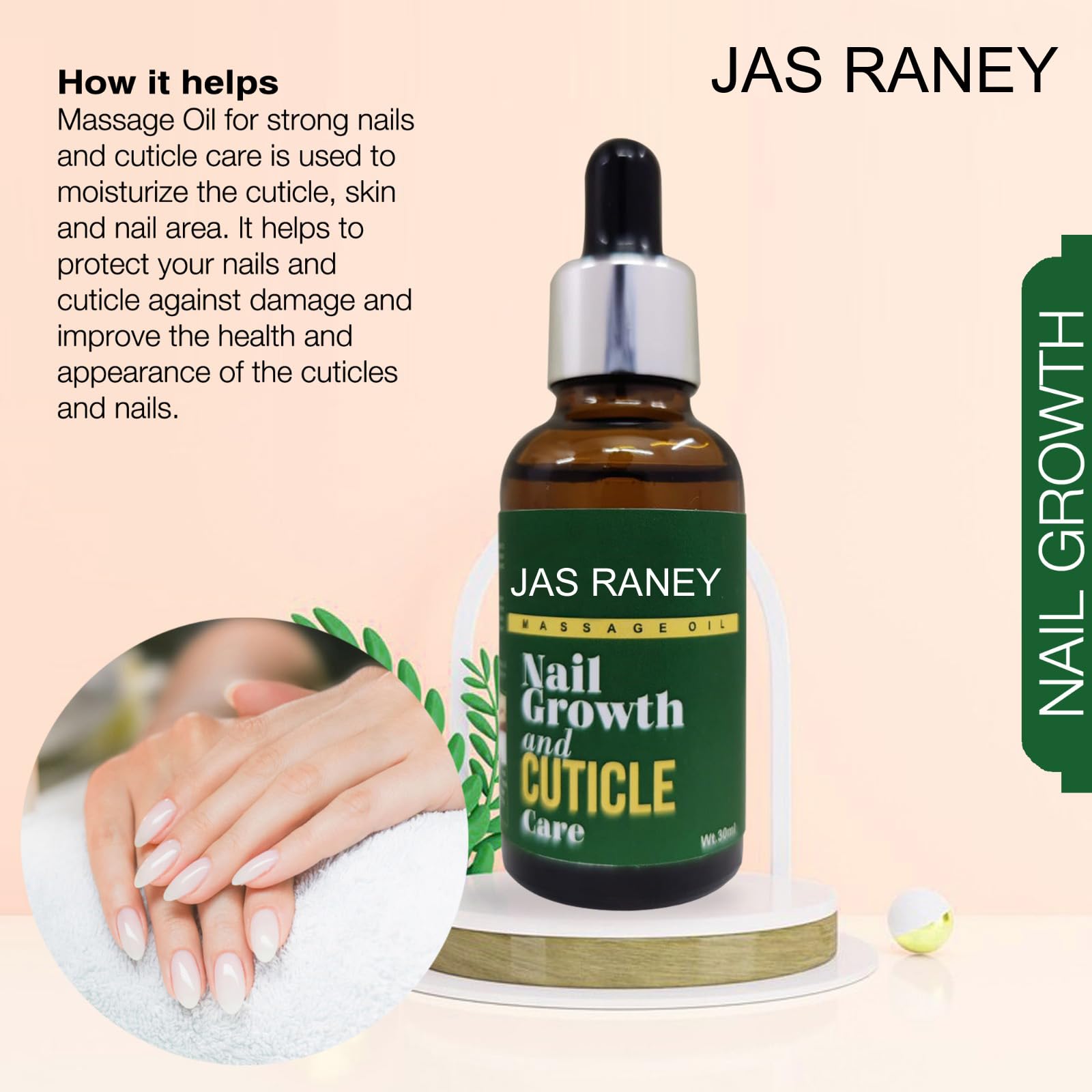 Jas Raney Nail Growth Oil & Cuticle Care Massager - Strengthening Treatment for Healthy Nails - Perfect for Manicure & Pedicure at Home or Salon