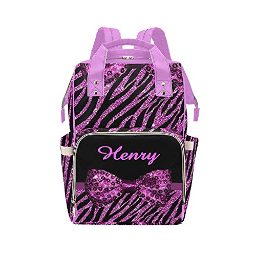 Custom Personalized Purple Zebra Print Bow Diaper Backpack - Unisex Nursing Baby Bag with Name Tag for Men & Women | Perfect for Travel, Daycare & Everyday Use