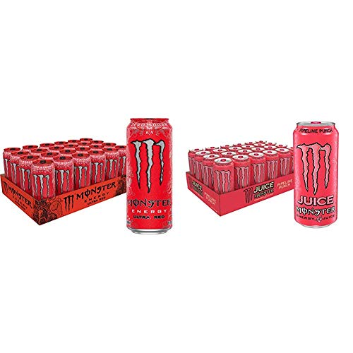 Monster Energy Ultra Red Sugar Free Energy Drink & Pipeline Punch Juice - 16oz Cans (24 Pack Each) - Zero Sugar, Low Calorie Beverages for Workouts, Gaming, and Outdoor Adventures