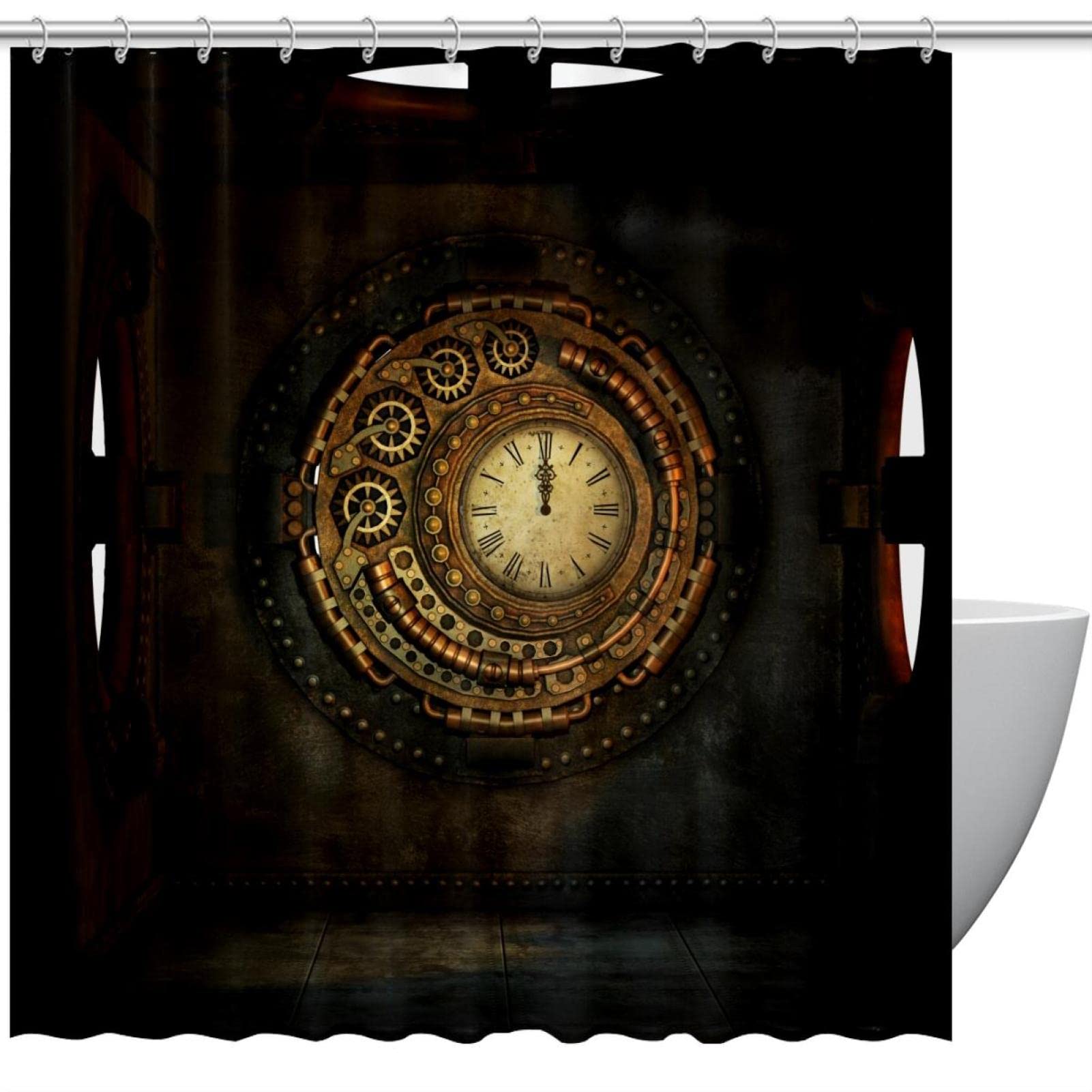 Steampunk Clockwork Time Shower Curtain - Waterproof Bathroom Decor with 12 Hooks (60x72 Inches) - Vintage Industrial Style for Gothic & Steam Punk Themed Bathrooms