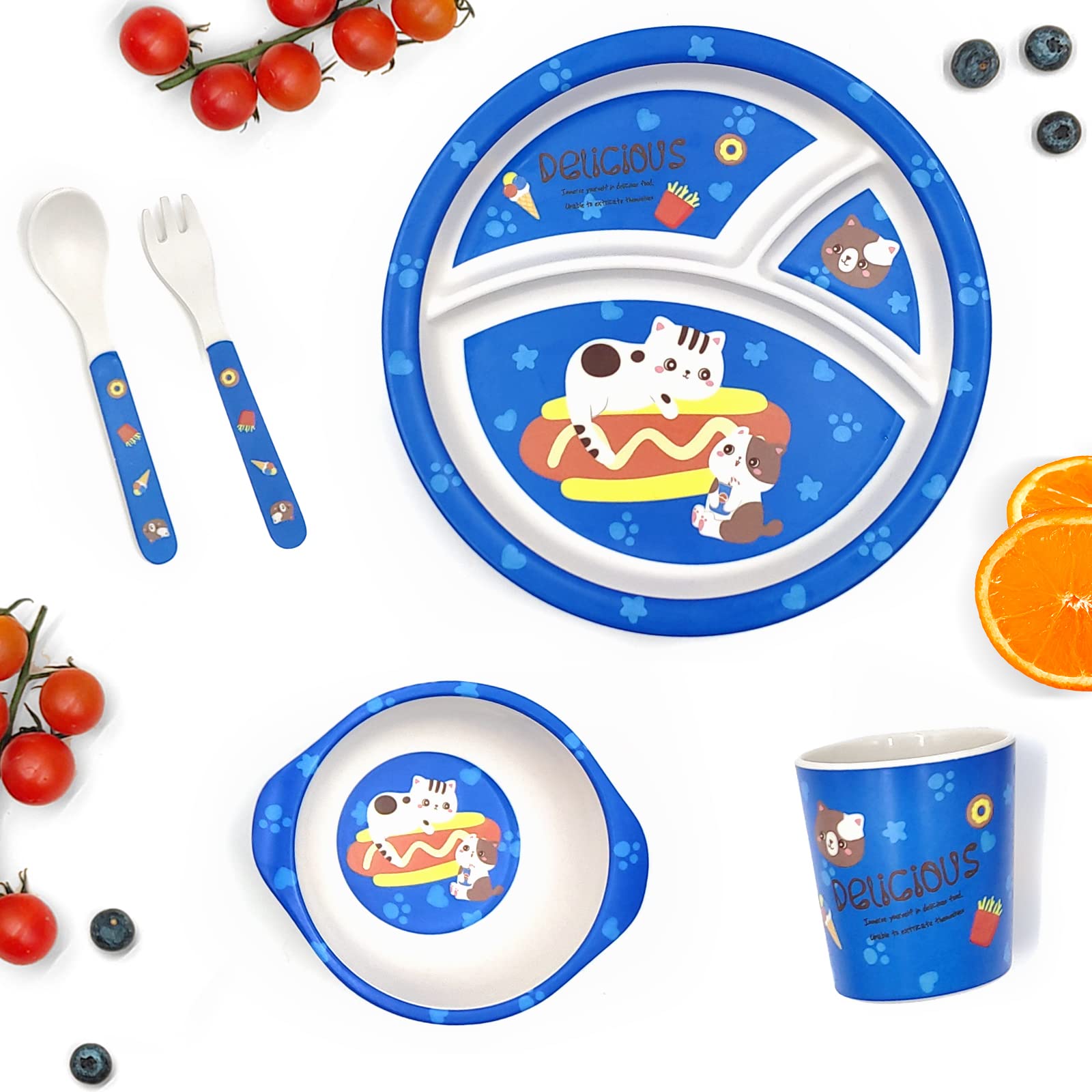 Eco-Friendly Bamboo Baby Feeding Set - Toddler Plates, Bowls, Cups & Utensils (Spoon & Fork) - BPA-Free, Non-Toxic, Cute Cat Design - Perfect for Home, Daycare & Travel Use