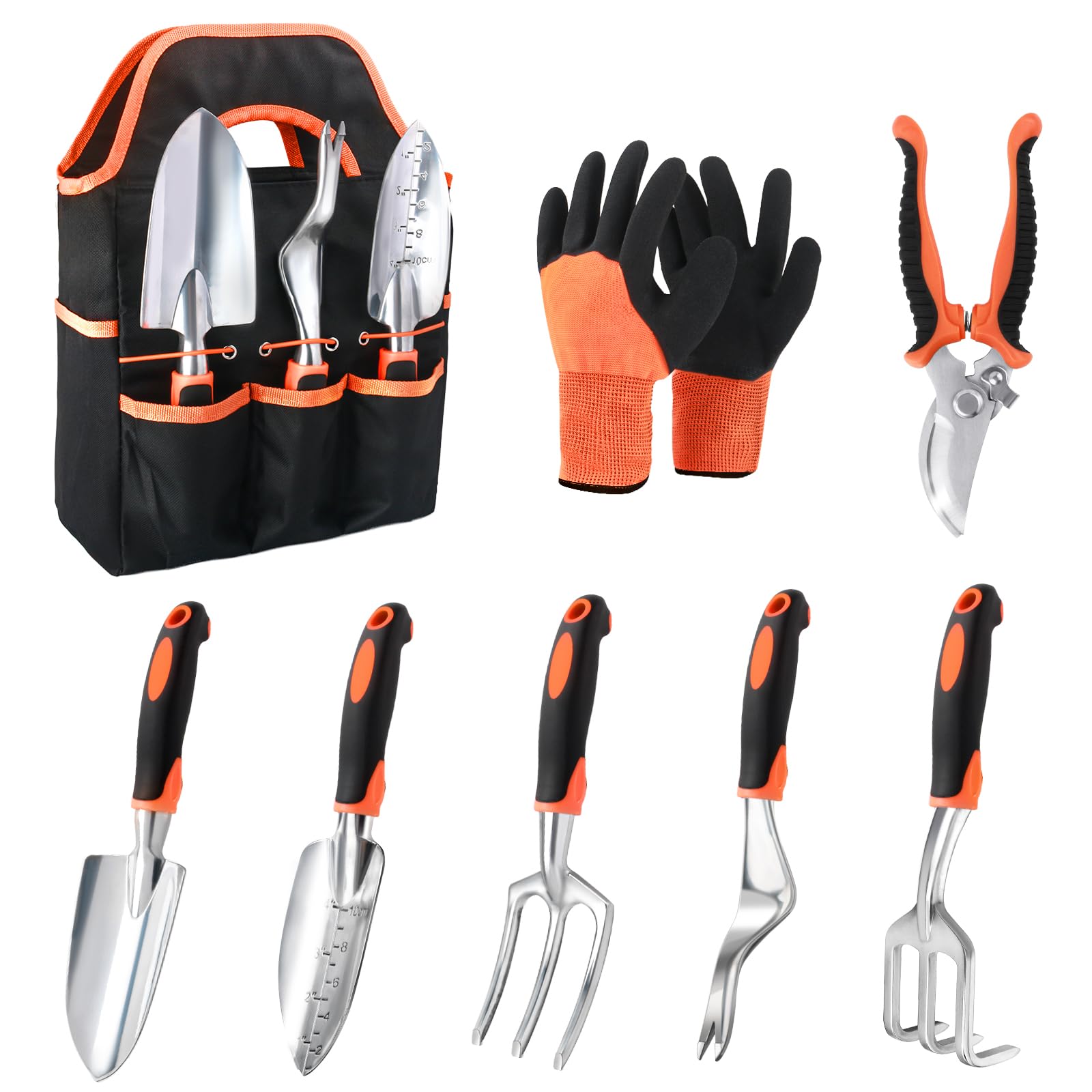 8-Piece Heavy Duty Garden Tools Set with Non-Slip Ergonomic Handles & Storage Bag - Durable Gardening Kit for Women & Men - Perfect for Planting, Weeding, and Landscaping (Orange)