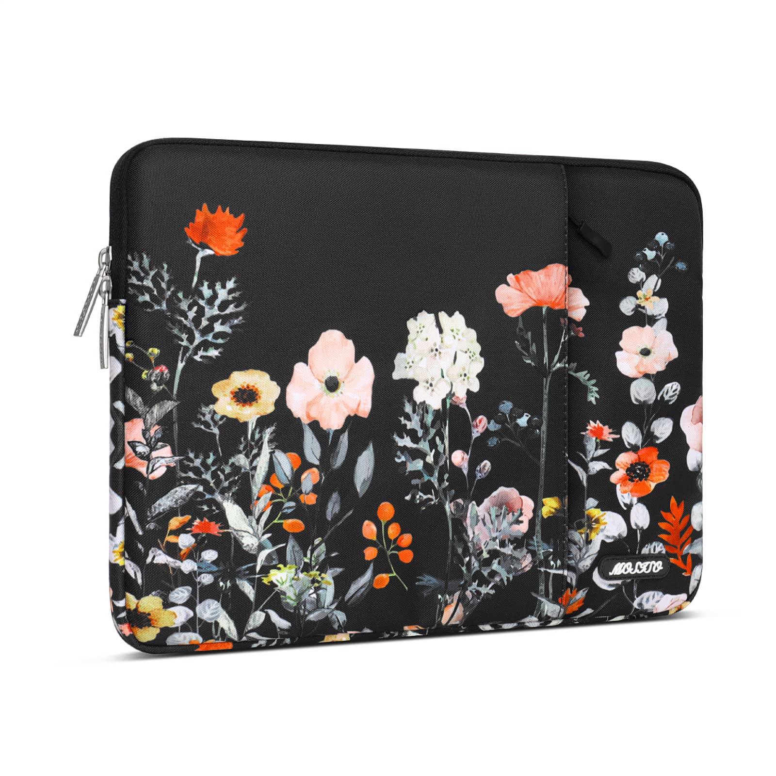 Premium MOSISO Laptop Sleeve for MacBook Air/Pro 13-13.3 inch & MacBook Pro 14 inch 2021-2023 (M1/M2 Models) - Stylish Garden Flowers Polyester Vertical Case with Protective Pocket (Black) - Perfect for Work, Travel & School Commute