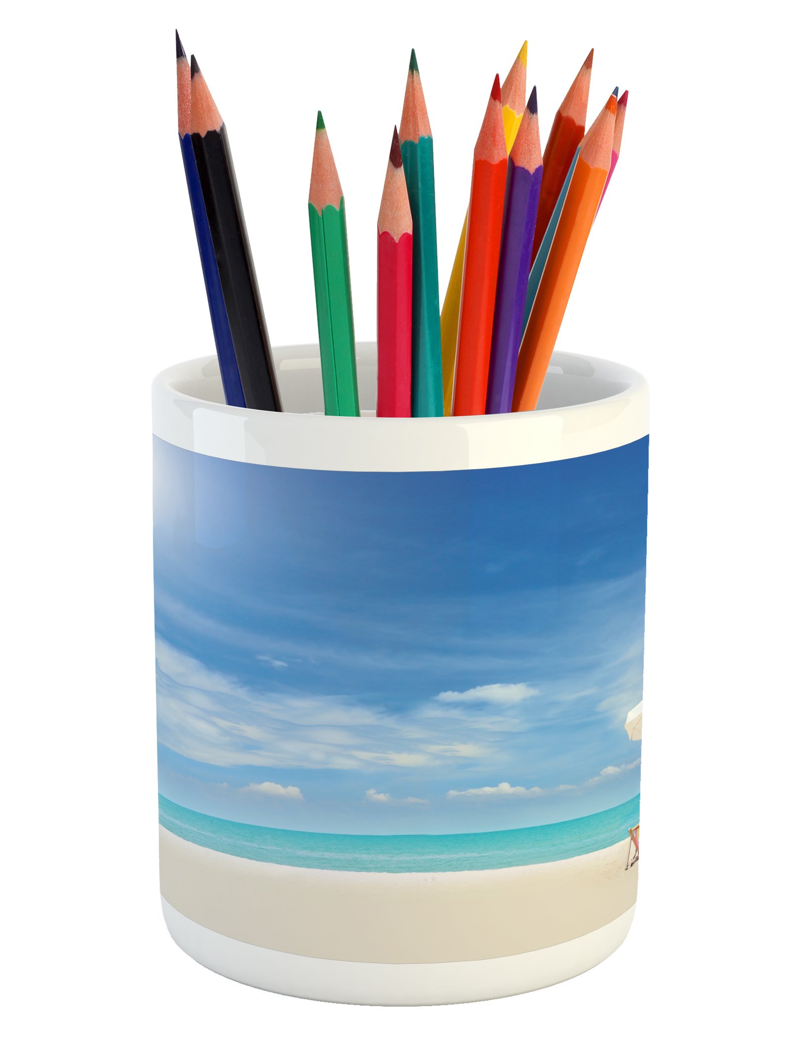 Ceramic Pencil Holder for Desk - Tropical Beach Seascape Design with Chairs & Umbrella - 3.6