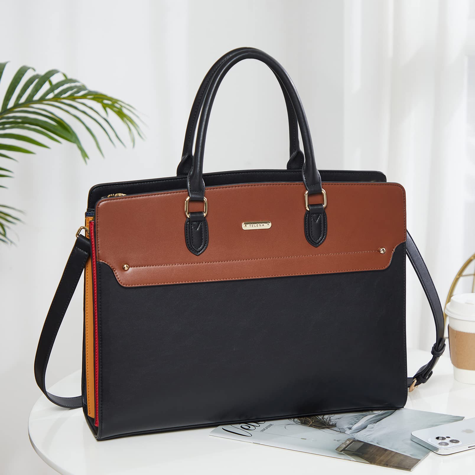 Telena 15.6 Inch Leather Laptop Tote Bag for Women - Stylish Shoulder Briefcase with Large Capacity - Perfect for Work, Business Meetings & Travel