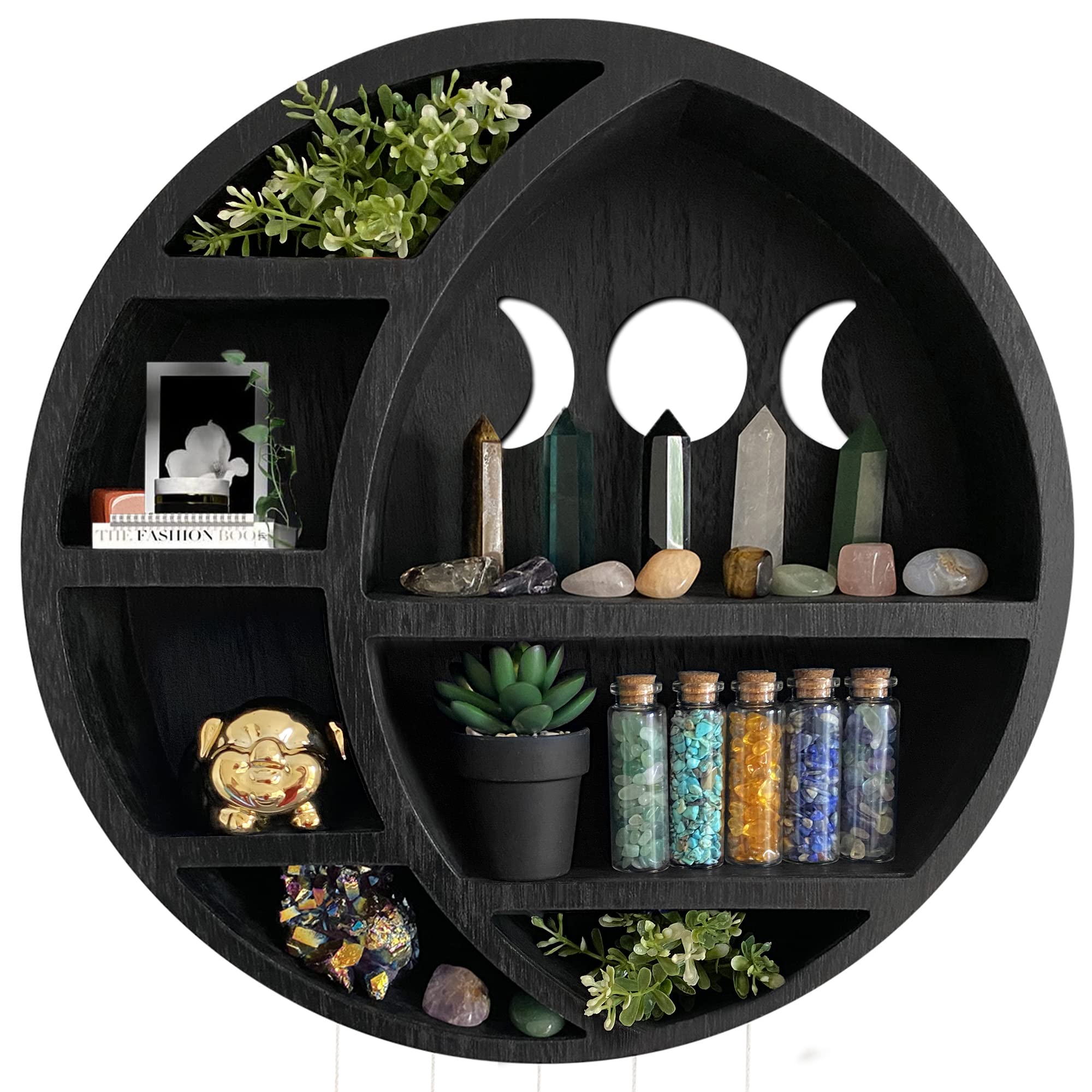 Ella & Emma Wooden Moon Shelf - Crescent Moon Crystal Display Shelf for Wall Decor, Crystal Storage & Wall Hanging Shelves for Bedroom Aesthetic, Moon Phase Wall Decor & Crystal Organizer, Pinewood, Black - Perfect for Boho Home Decor, Spiritual Space & Gift Ideas