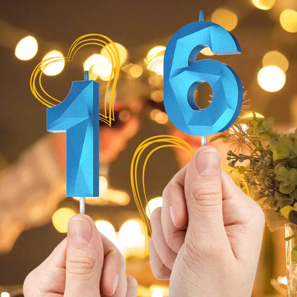 3D Diamond Shape Number Birthday Candles (15-Pack Blue) - Happy Birthday Cake Candles for Birthday Parties, Weddings, Reunions & Theme Celebrations - Perfect for Cake Decorating and Special Occasions
