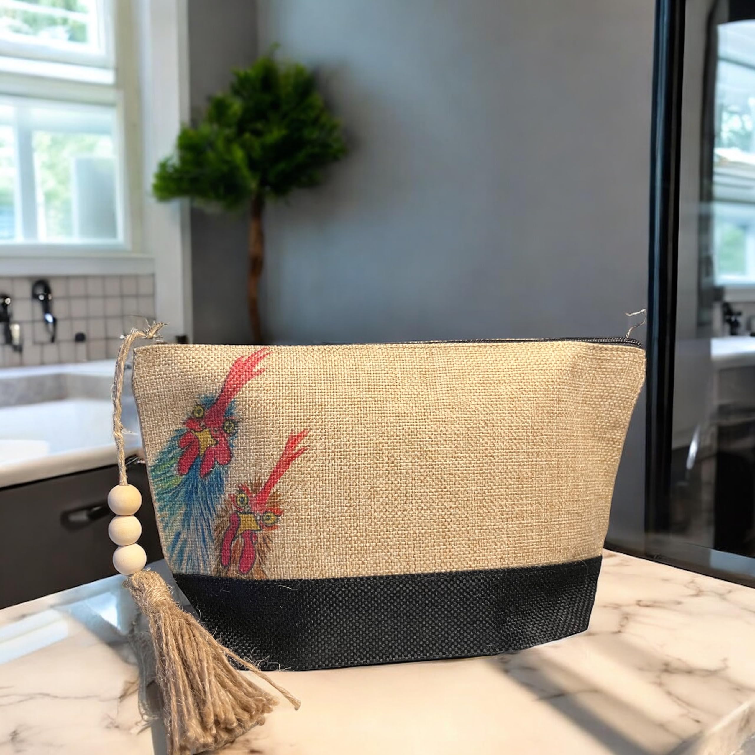 Stylish Canvas Burlap Travel Makeup Bag with Chicken Print - Perfect for Cosmetic Storage, Travel Organizer & Gift Idea