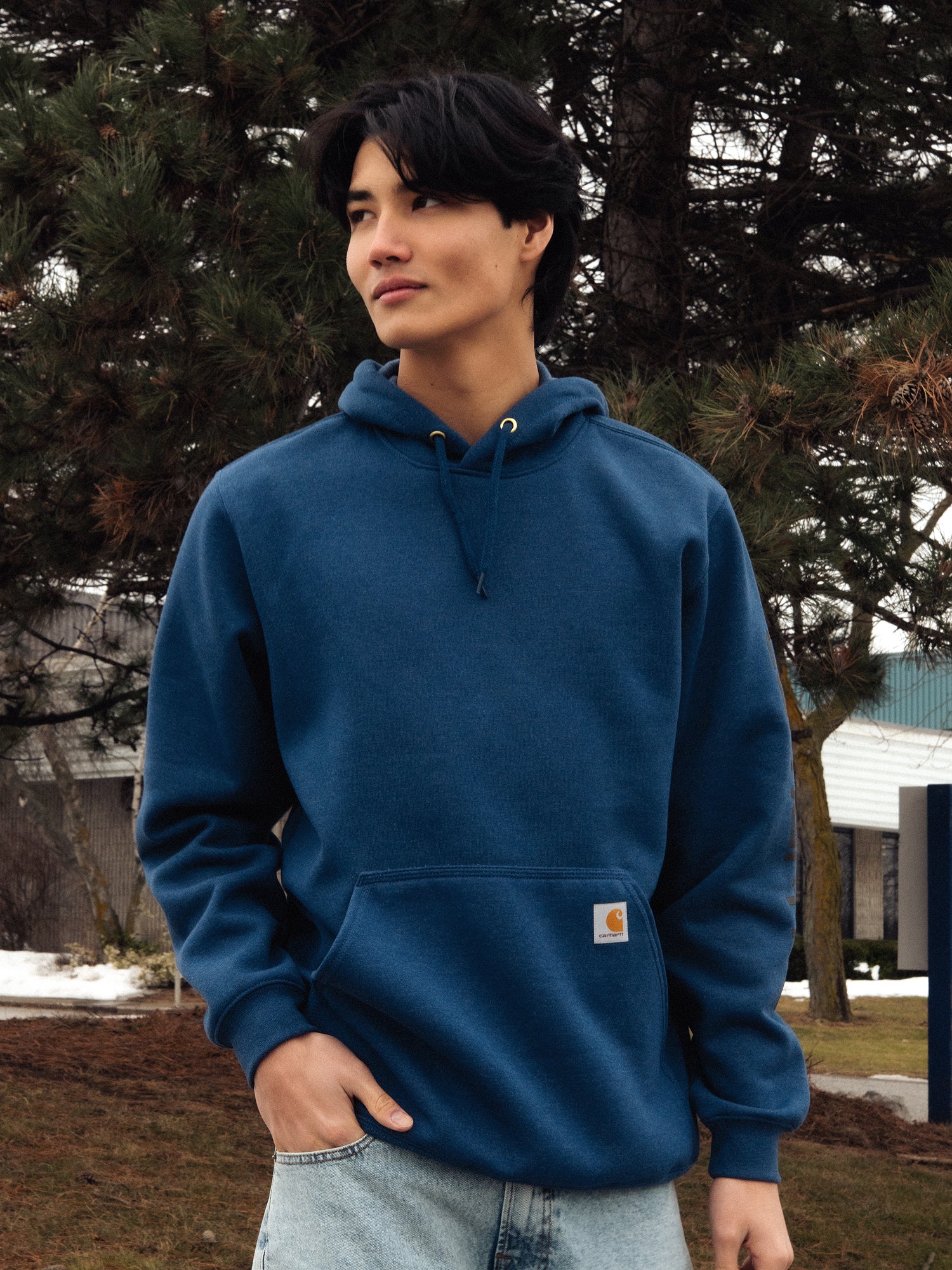 Carhartt Logo Sleeve Graphic Pullover Hoodie for Men & Women - Comfortable & Stylish Ocean Blue Sweatshirt for Outdoor Work, Casual Wear & Street Fashion