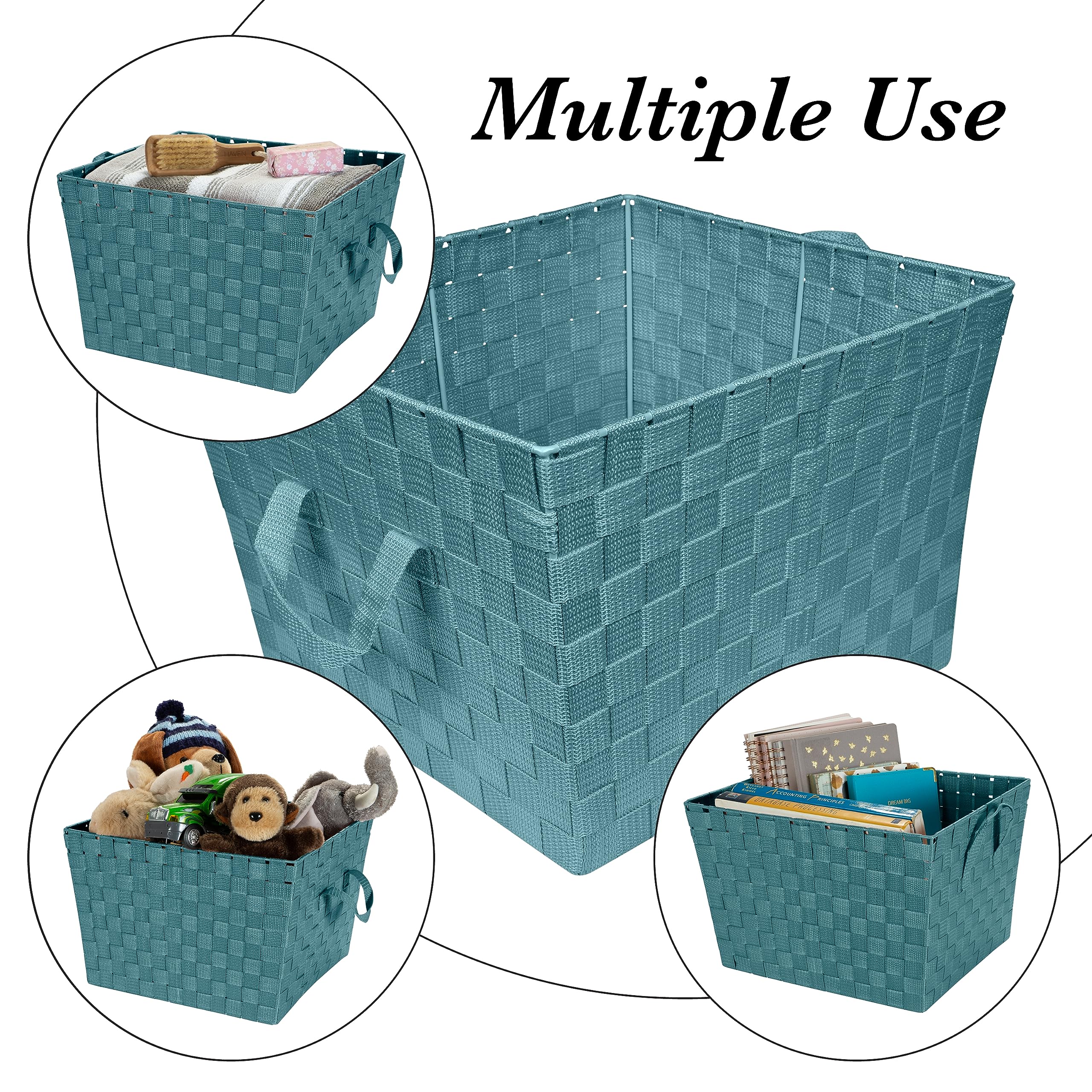 Large Woven Strap Tote Basket - 2 Pack Storage Organizer with Handles for Closet, Bedroom, Bathroom & Nursery | Perfect for Toys, Accessories & Gifts | Sapphire Blue Home Decor