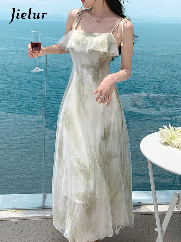 Strapless Green Floral Chiffon Dress for Women - Summer Sleeveless Slash Neck Elegant Beach Dress | Perfect for Vacations, Weddings & Tropical Getaways