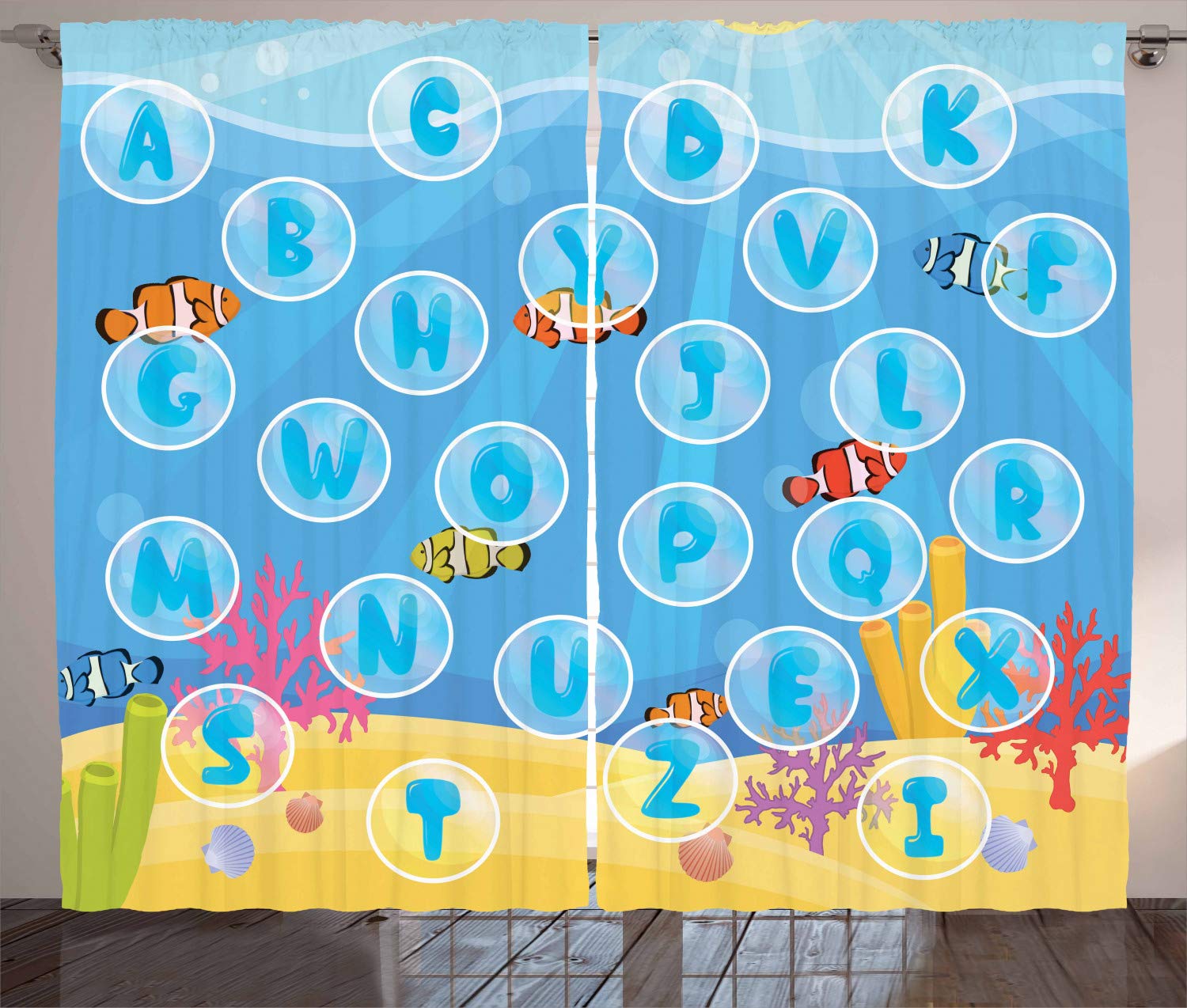 Ambesonne Alphabet Bubble Underwater Cartoon Curtains - 2 Panel Set, 108x108 Inch, Multicolor Sea Theme Window Drapes for Living Room & Bedroom | Perfect for Kids' Rooms, Nurseries & Ocean-Themed Decor