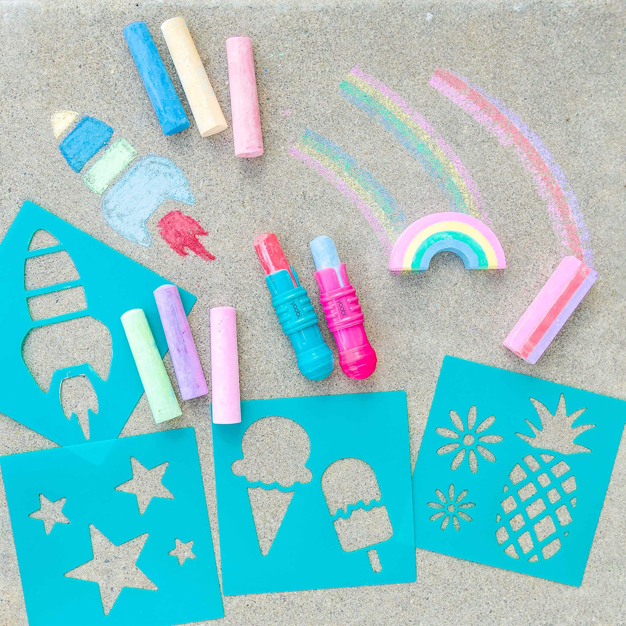 Yoobi Rainbow Sidewalk Chalk and Stencil Set - 16 Piece Non-Toxic Washable Chalk with 2 Holders & 4 Fun Stencils for Kids Outdoor Art Activities | Perfect for Birthday Gifts, Summer Play & Creative Street Drawing