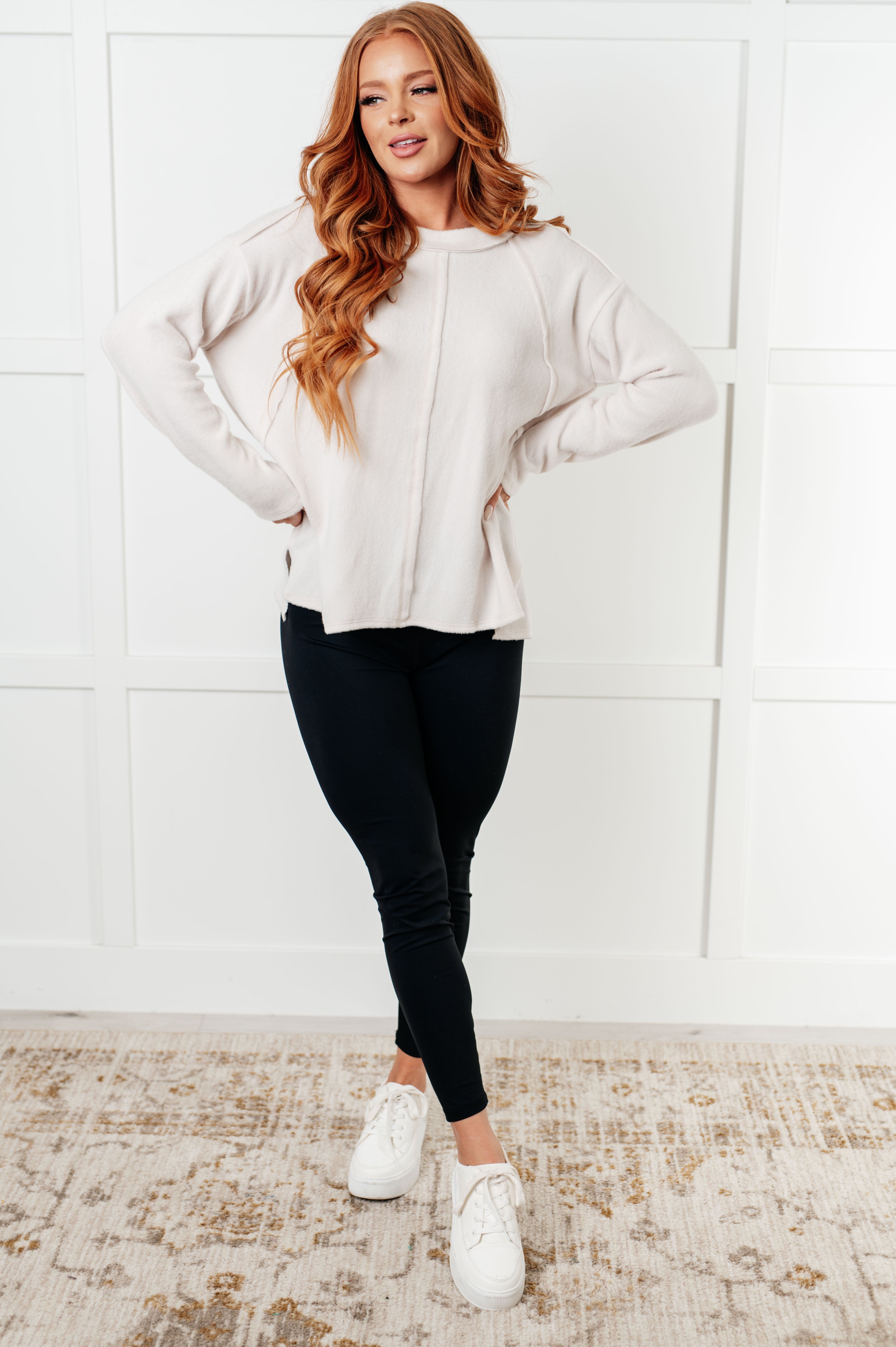 Simple Silhouette Brushed Hacci Sweater in Sand Beige | Women's Casual Knit Pullover | Perfect for Fall Layering & Cozy Winter Outfits
