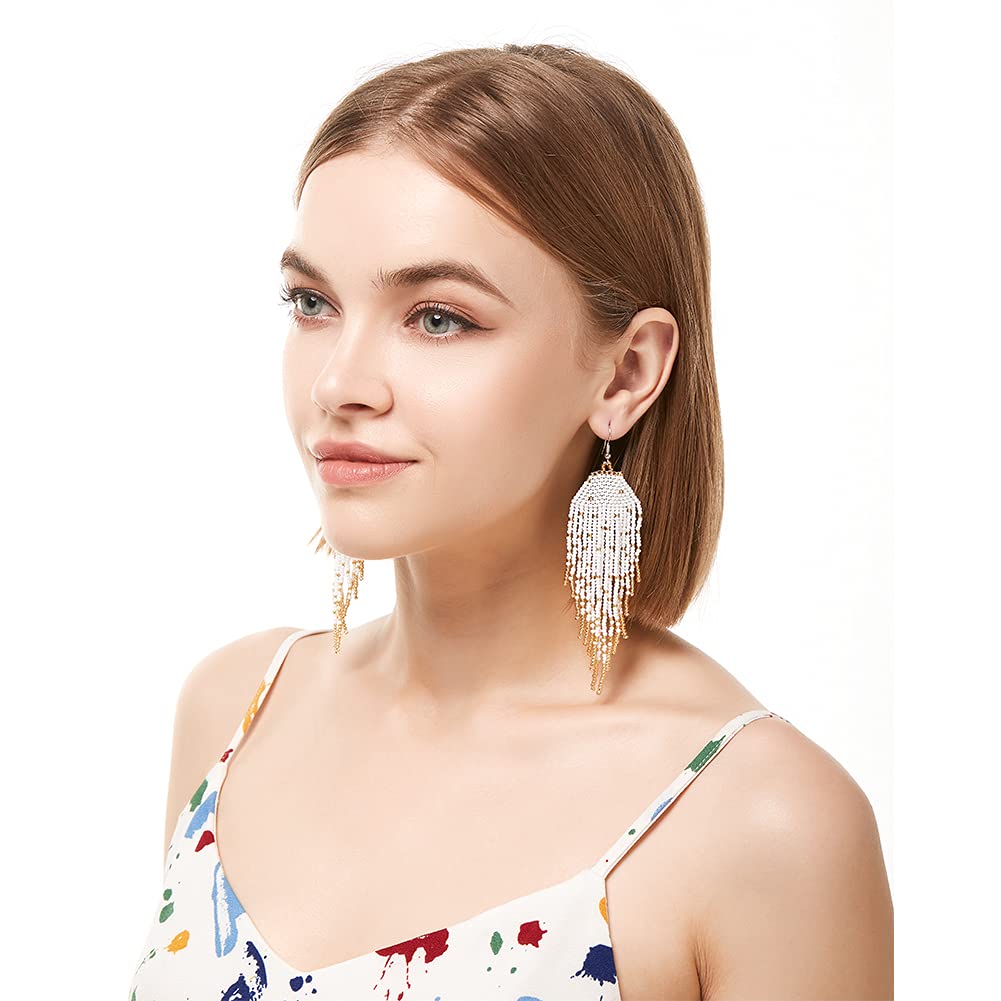 Long Beaded Tassel Earrings for Women - Large Bohemian Statement Dangle Earrings, Handmade Boho Beaded Jewelry | Perfect for Festivals, Parties & Boho Fashion