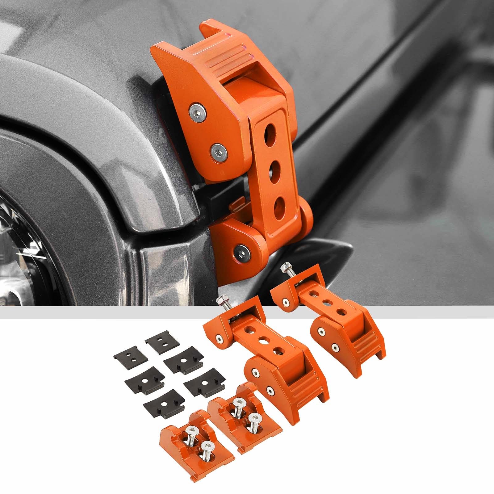 Premium Aluminum Stainless Steel Hood Latches with Lock Kit for Jeep Wrangler JK/JKU (2007-2017), JL/JLU (2018-2024), Gladiator JT (2020-2024) - Durable Off-Road Hood Clamp Fastener in Orange - Perfect for Trail Riding & Jeep Customization