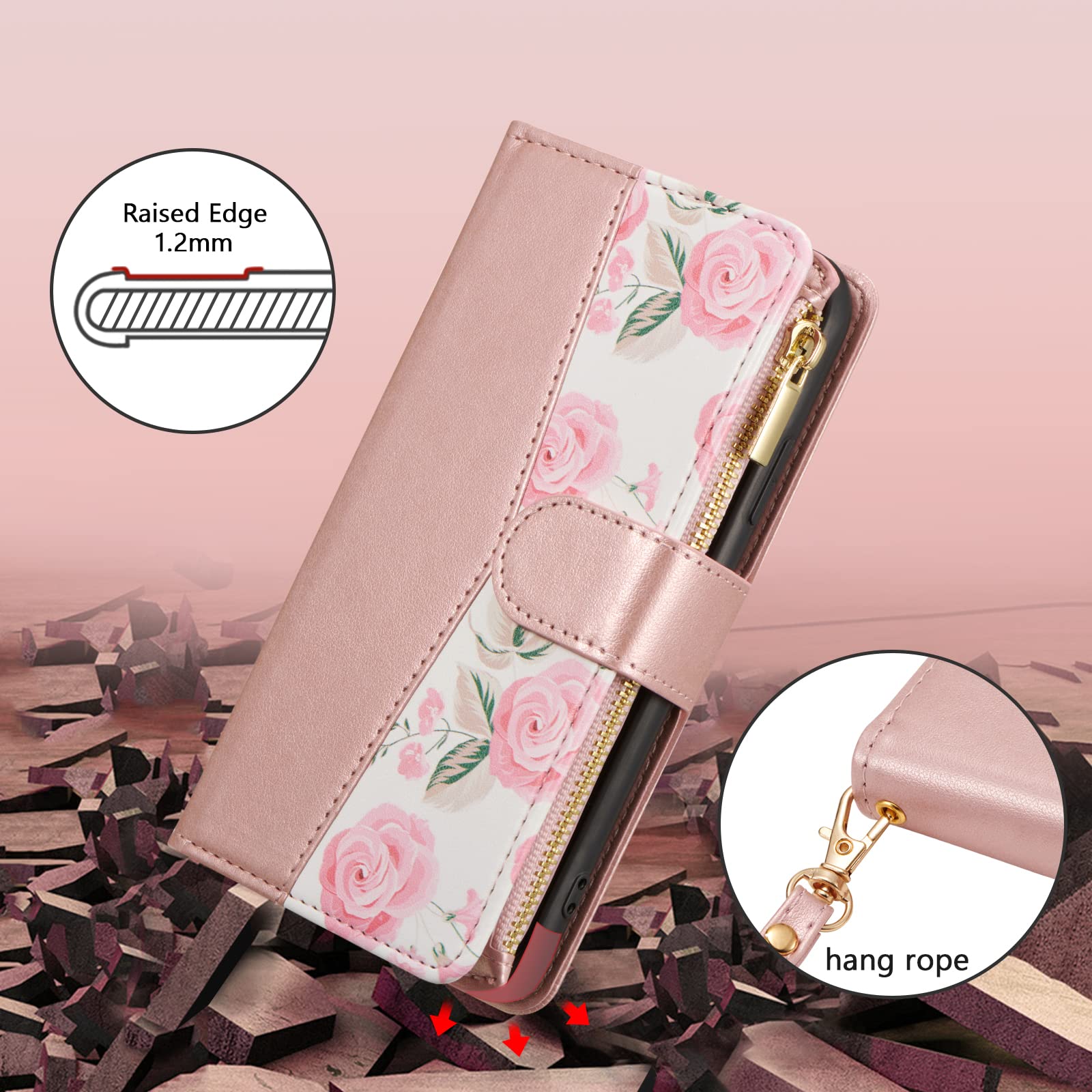 Premium PU Leather Wallet Case for iPhone XR with Magnetic Closure - 3 Card Slots, Zipper Pocket & Hand Strap - Elegant Rose Gold Roses Design | Perfect for Daily Use, Travel & Business (iPhone XR Wallet Phone Case)