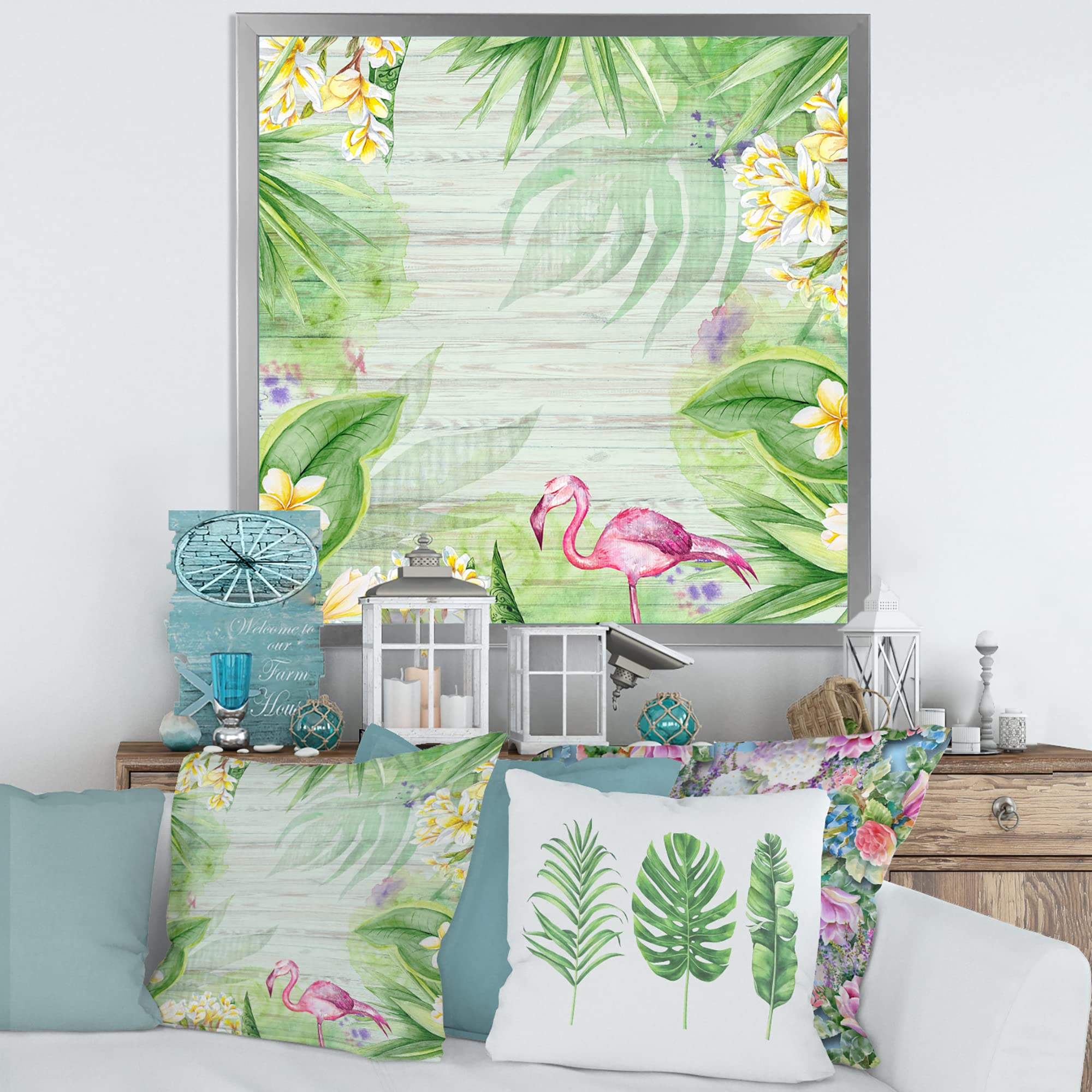 DesignQ Tropical Foliage Wall Art - Yellow Flowers & Flamingo Modern Framed Canvas Print - Perfect for Living Room, Bedroom & Office Decor