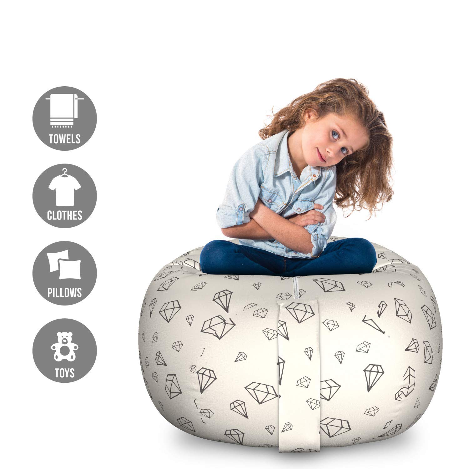 Ambesonne Diamond Storage Toy Bag Chair - Geometric Gemstone Polygon Outline Art Style, Large Washable Stuffed Animal Organizer Bag in Eggshell Taupe | Perfect for Kids' Room, Playroom & Nursery Organization