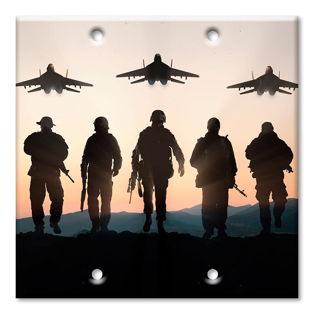 Military Silhouette Art Plates - 2 Gang Blank Switch Plate Cover - Handcrafted in USA - Perfect for Home Decor & Military Themed Rooms