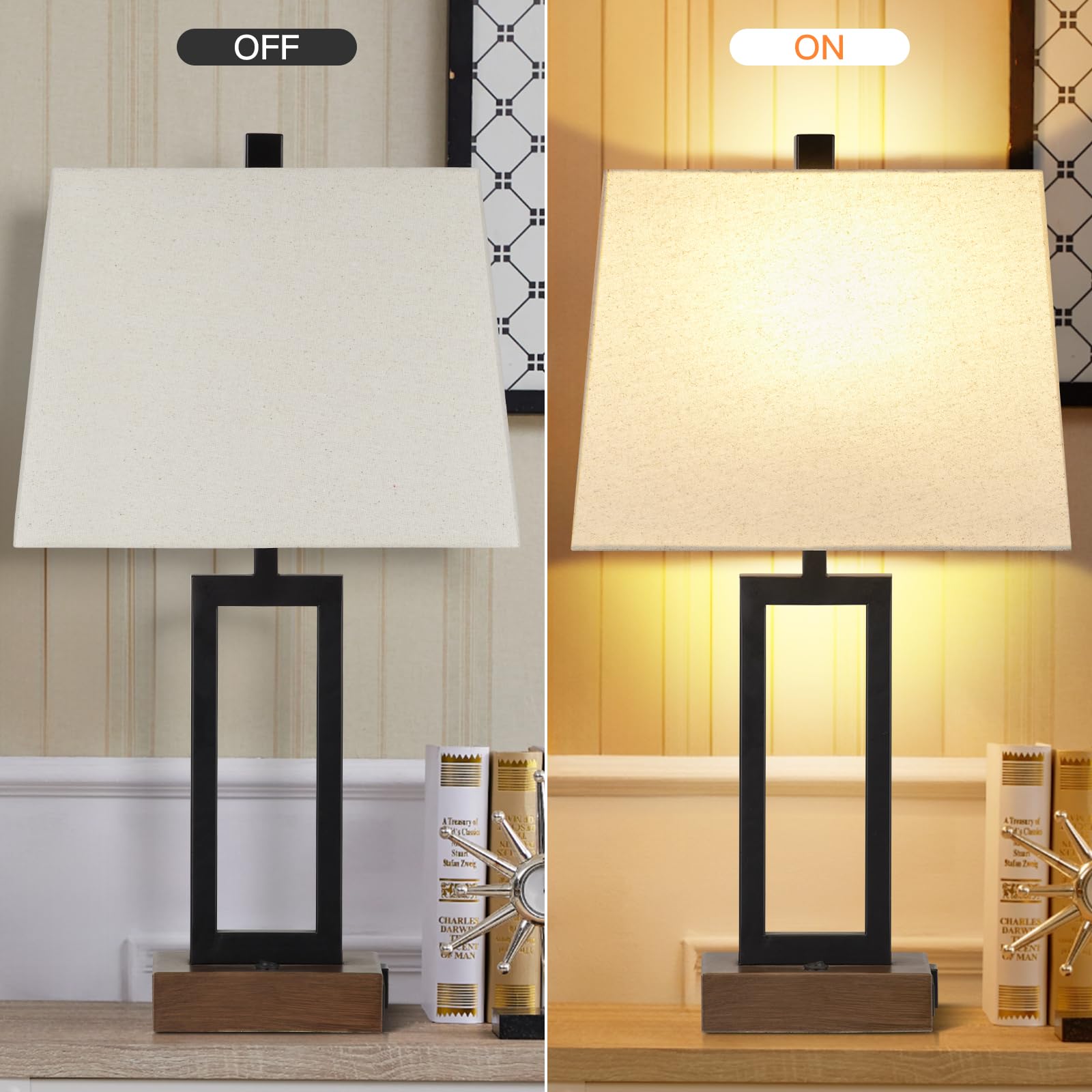 Modern Wood Nightstand Lamp Set of 2 with USB Ports & AC Outlet - 23.5