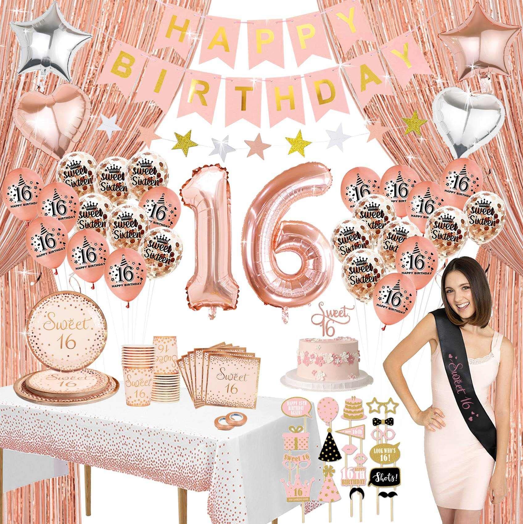 Rose Gold Sweet 16 Birthday Party Decorations Kit - Includes Photo Booth Backdrop, Props, Happy Birthday Banner, Confetti, Mylar Balloons, Curtains, Sash, Cake Topper & Tablecloth - Perfect for Sweet 16 Celebrations, Teen Birthday Parties & Photo Shoot Backdrops