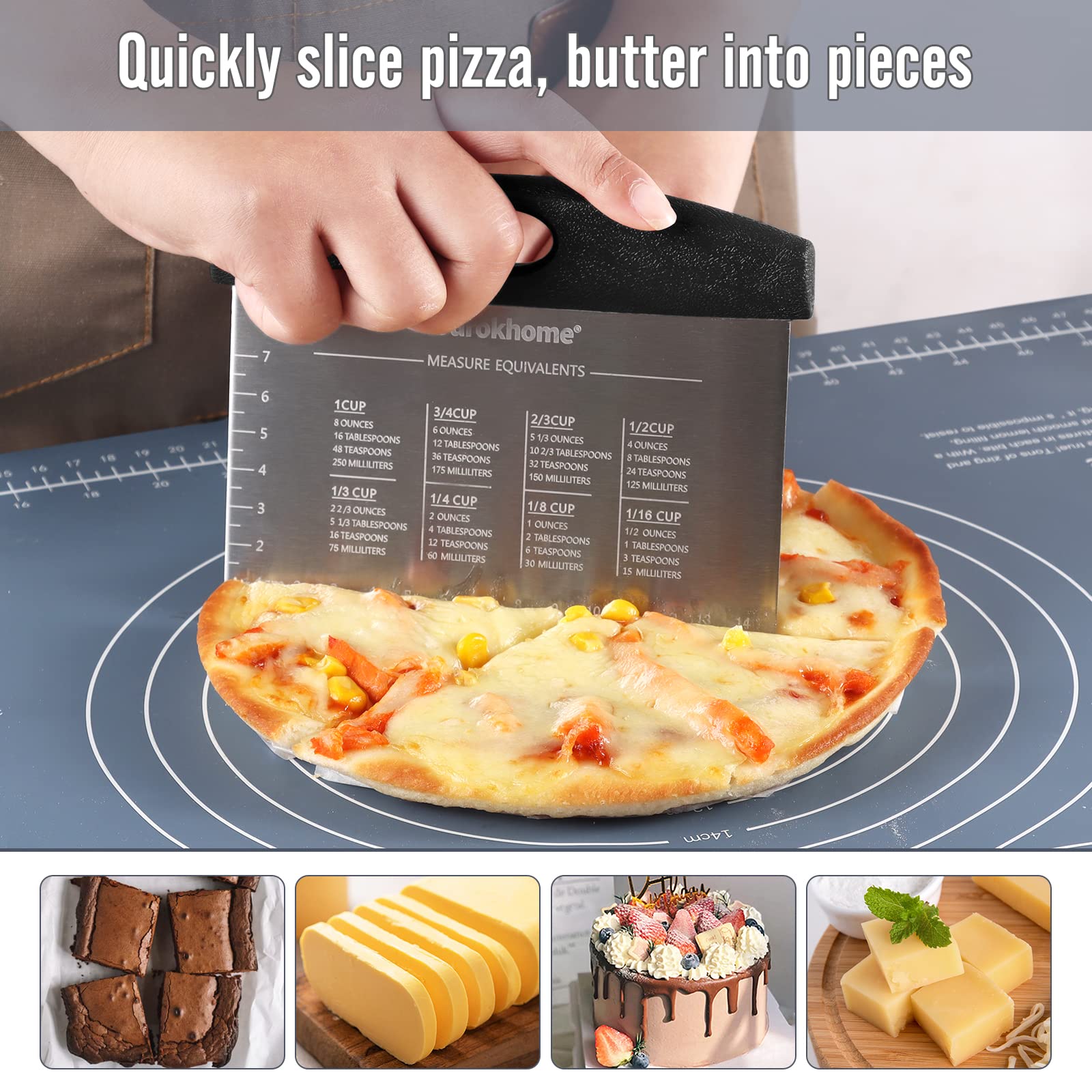 Ourokhome Stainless Steel Dough Scraper & Pizza Cutter Set - 2 Pack Black Kitchen Baking Tools with Laser-Engraved Measuring Scale & Conversion Chart - Dishwasher Safe & Anti-Wear - Perfect for Pizza Making, Pastry Baking, Bread Dough Cutting, and Cookie Preparation