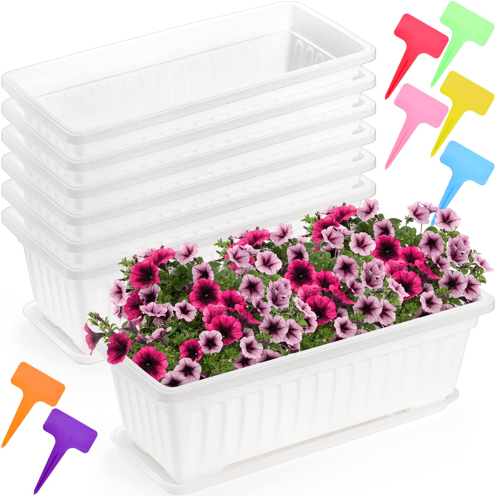Fasmov 7 Pack 17 Inch White Flower Window Box Planter with Drainage Tray - Plastic Vegetable Garden Planters for Herbs, Flowers, Succulents - Perfect for Balcony, Window Sill, Patio, Indoor & Outdoor Gardening