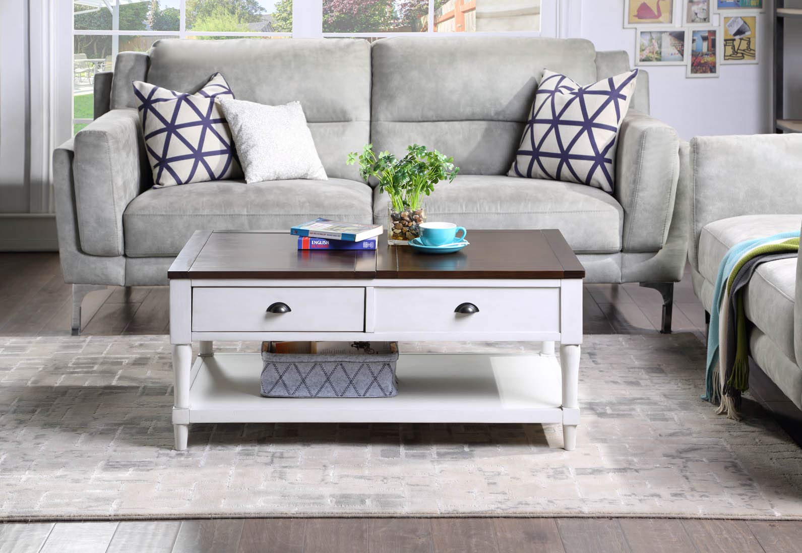 Lift Top Coffee Table with Drawer and Shelf - Solid Wood Modern End Table for Living Room, Home Office - White & Brown - Perfect for Small Spaces, Storage & Stylish Decor