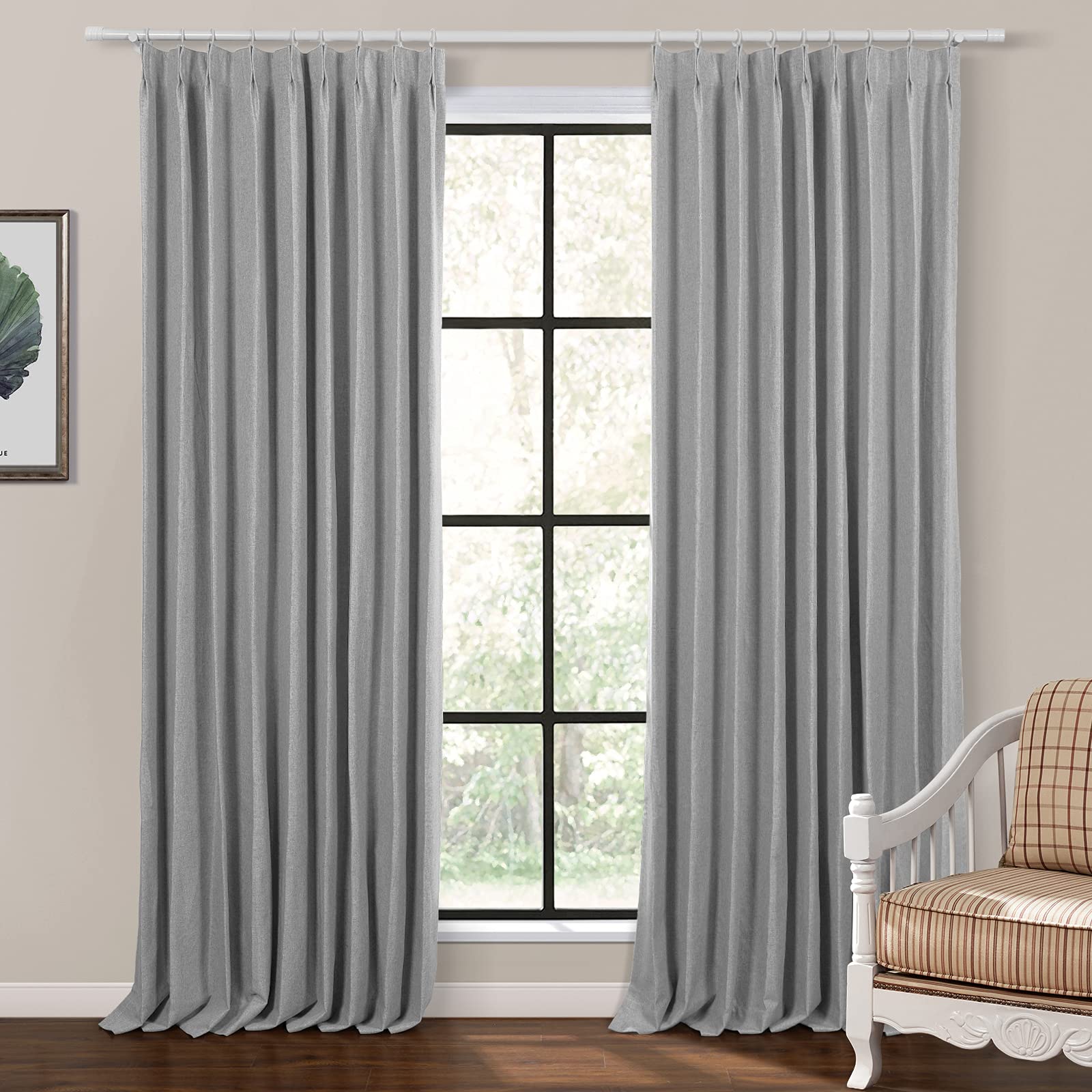 TWOPAGES Blackout Linen Blend Pinch Pleated Curtains - Thermal Insulated Window Treatment Panels for Dining Room & Living Room (2 Panels, Grey, 26x108 Inches) - Perfect for Light Blocking, Privacy & Home Decor