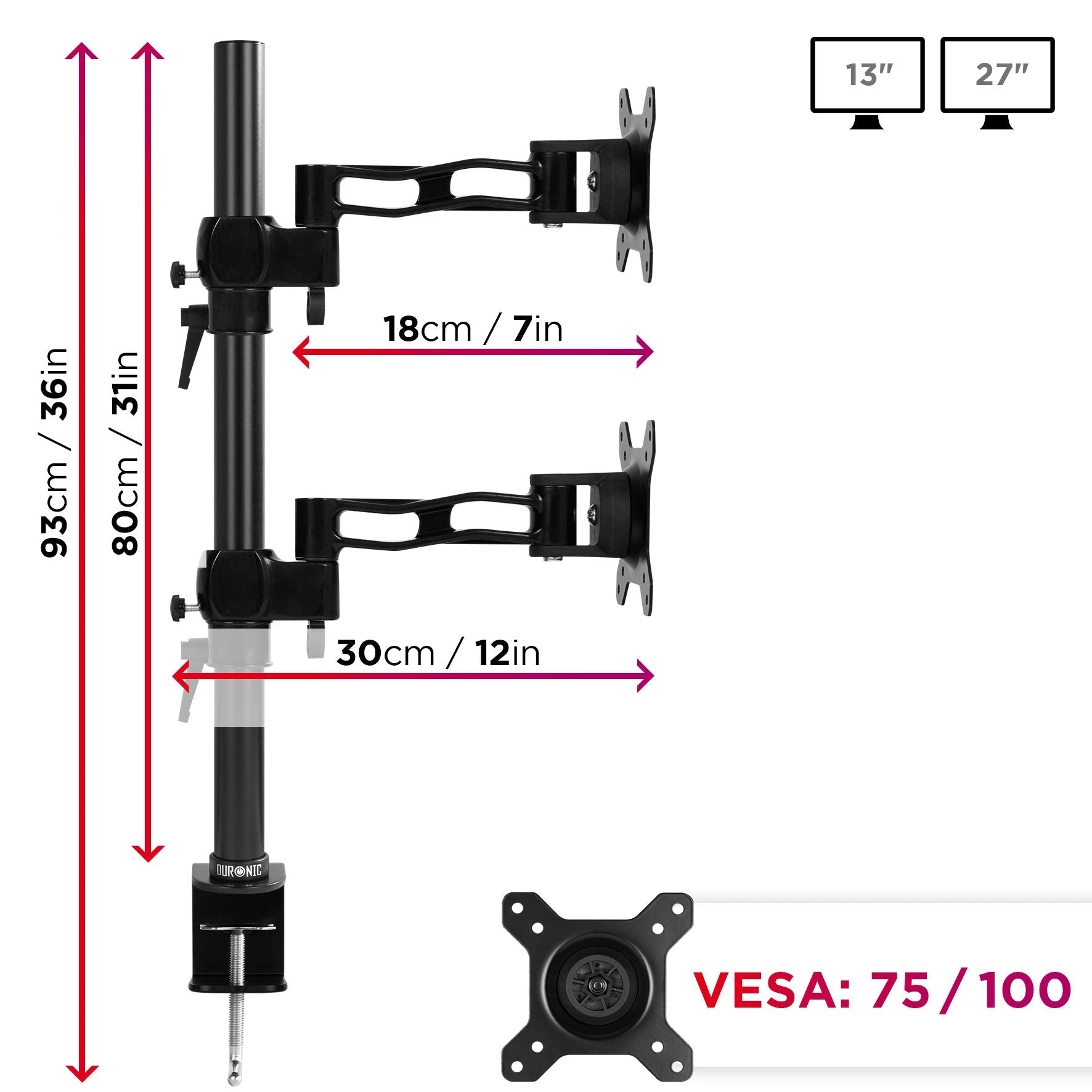Duronic DM35V2X2 Dual Monitor Stand - Adjustable Vertical Desk Mount for Two 13-27
