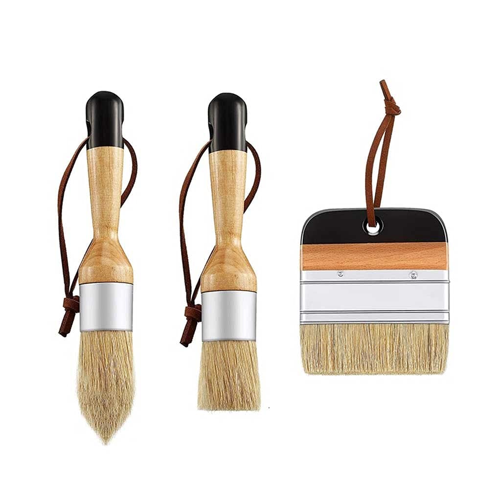 3-Pack Chalk & Wax Paint Brushes - Premium Bristle Stencil Brushes for Wood Furniture, Home Wall Painting & DIY Decor Projects - Perfect for Chalk Paint, Wax Finishing & Crafting