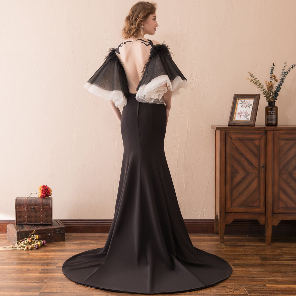 Elegant Black Mermaid Prom Dress with Fluffy Feather Sleeves - Women's Formal Evening Gown Size US14 | Perfect for Homecoming, Pageants & Special Occasions