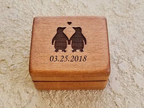 Handmade Wooden Engagement Ring Box with Adorable Love Penguins - Perfect for Proposals, Anniversaries & Wedding Gifts | SimplyCoolGifts