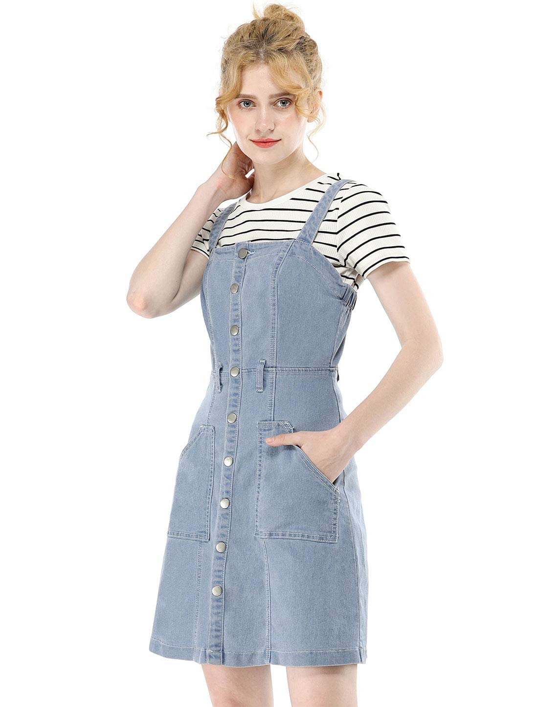 Allegra K Women's Classic Denim Pinafore Dress with Adjustable Straps | Vintage Overalls Style Jean Dress for Casual Outings, Brunch & Spring Fashion