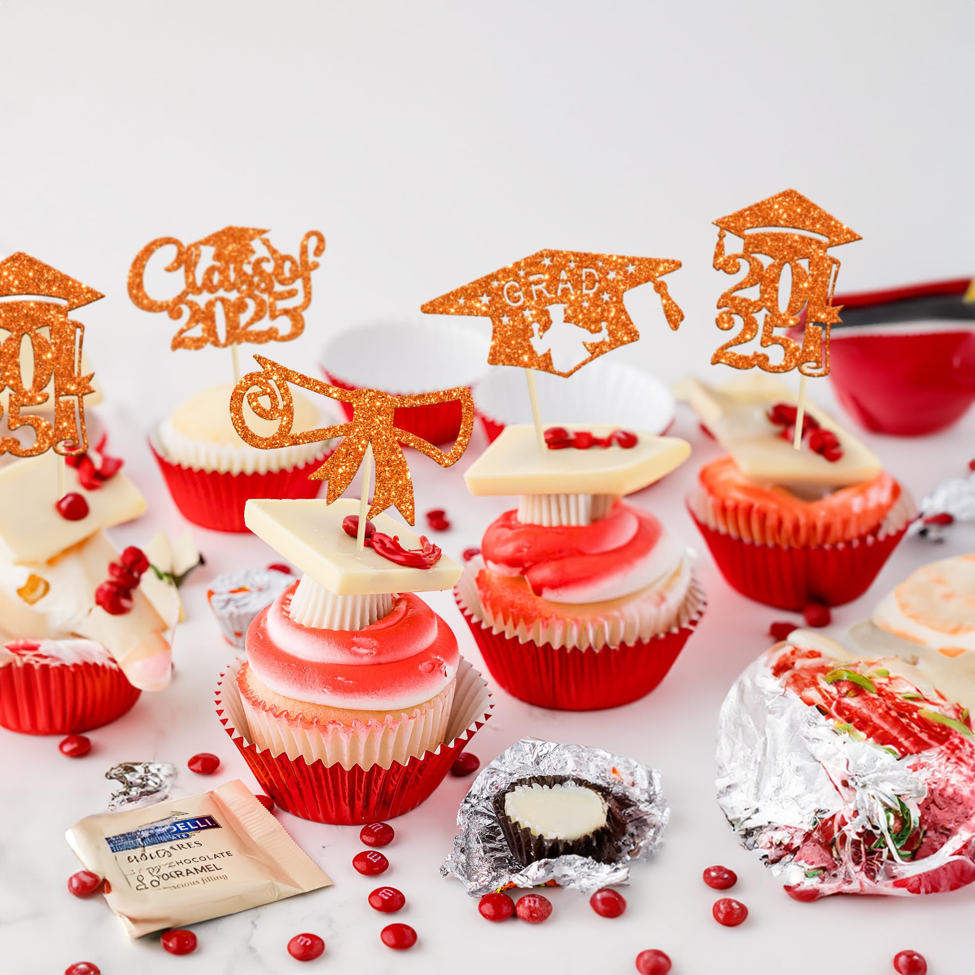 24Pcs 2025 Graduation Cupcake Toppers - Orange Glitter Congrats Class of 2025 Diploma Grad Cap Decorations | Perfect for Graduation Party, School Celebration & Dessert Table Decor